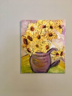 Daisies in a Purple Vase Flower Oil Painting, British Artist