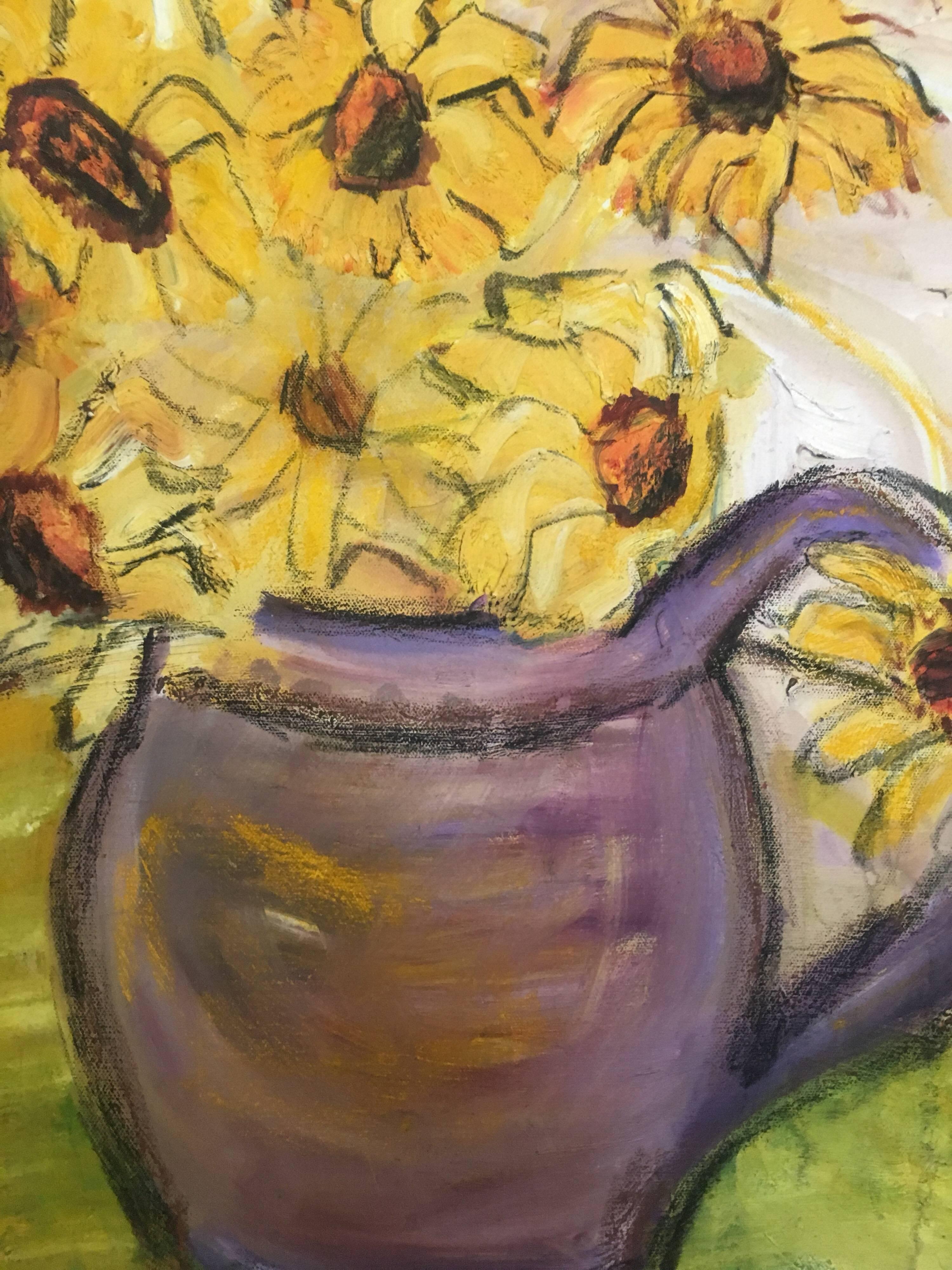 an impressionist oil painting of sunflowers in a purple vase