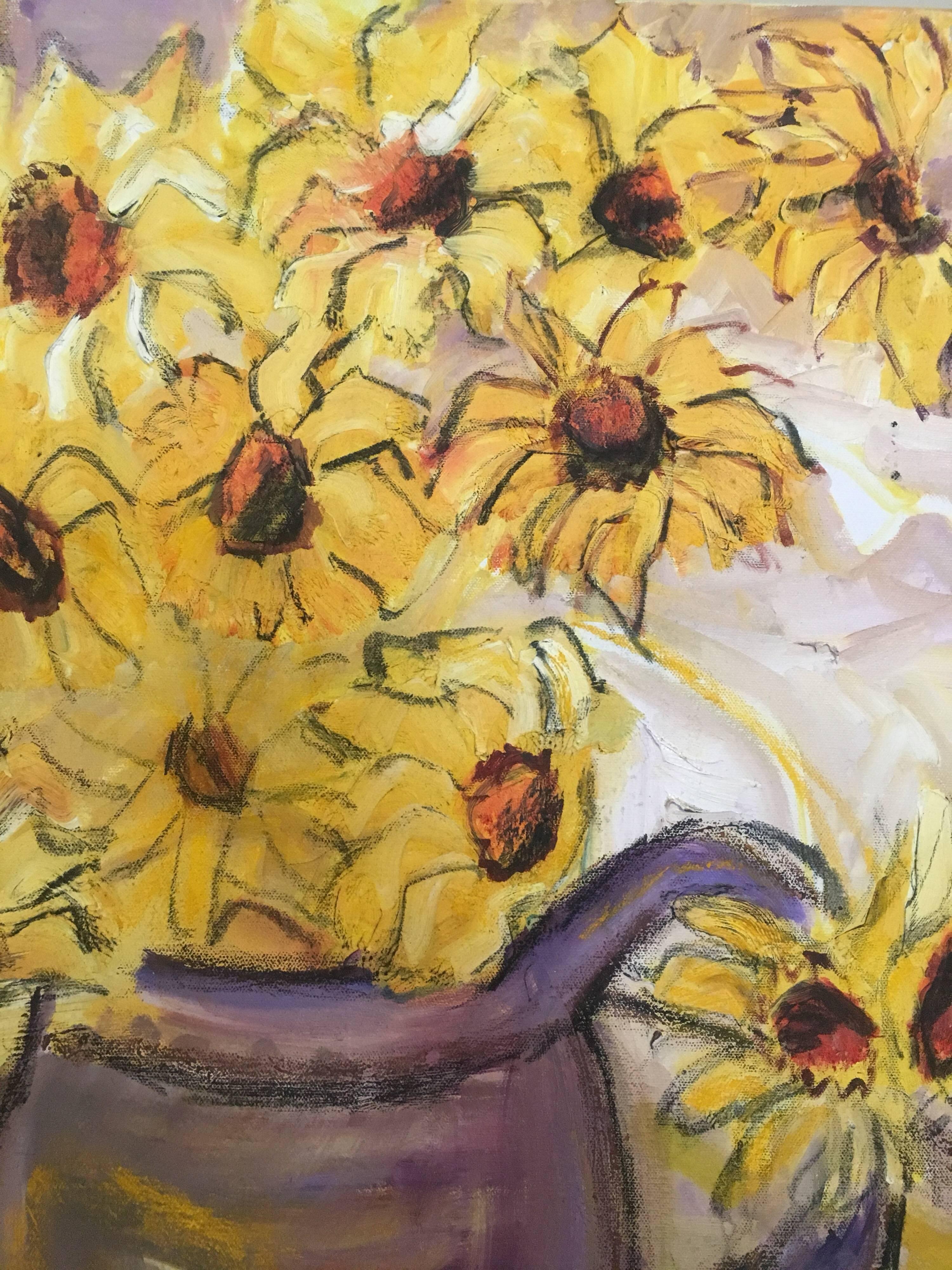 Margaritas en un Jarrón Morado Pintura al Óleo, Artista Británico en venta 1
