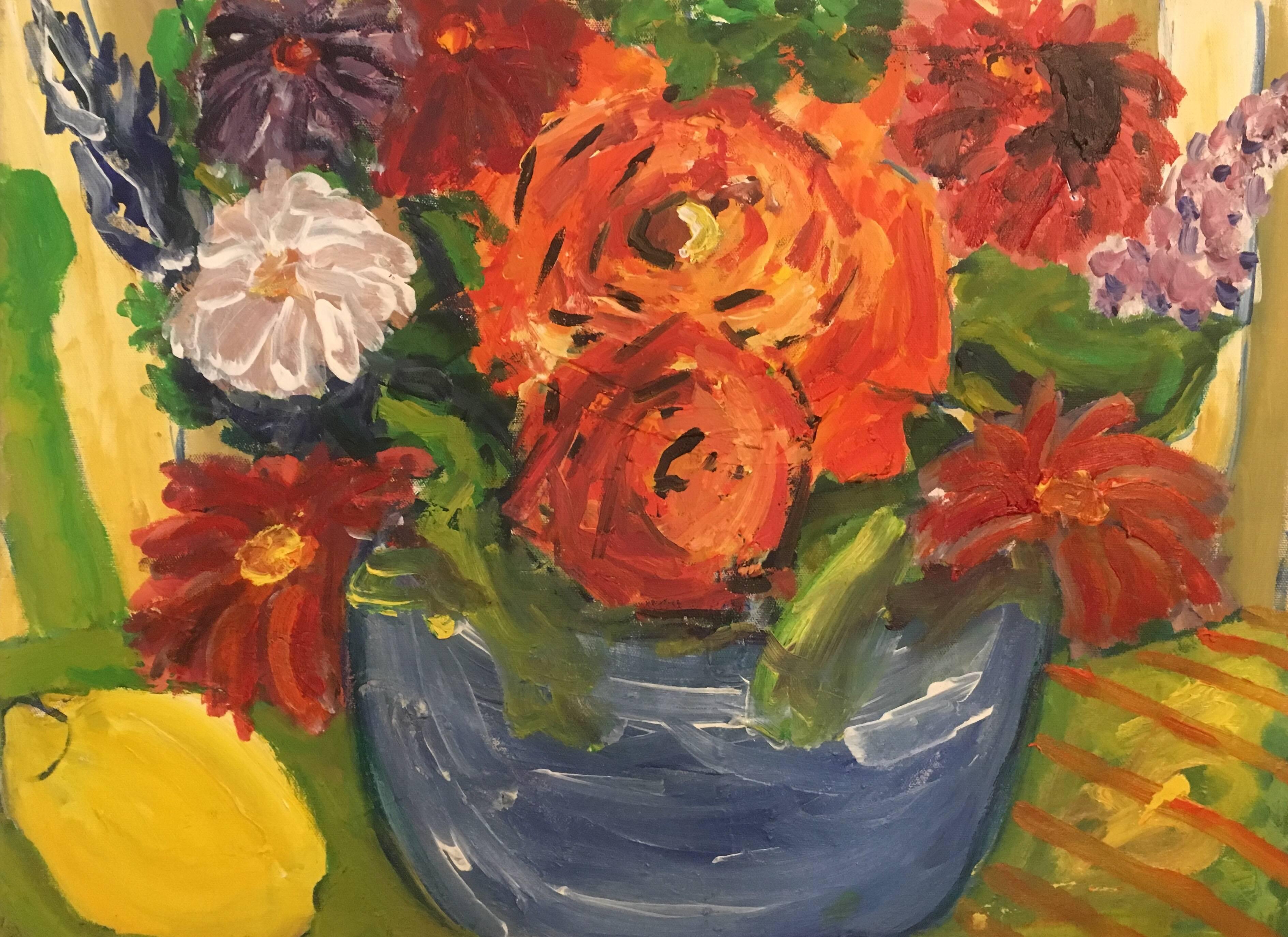 Pamela Cawley Still-Life Painting – Blumen zum Ausschließen, leuchtende Farben, britischer Künstler