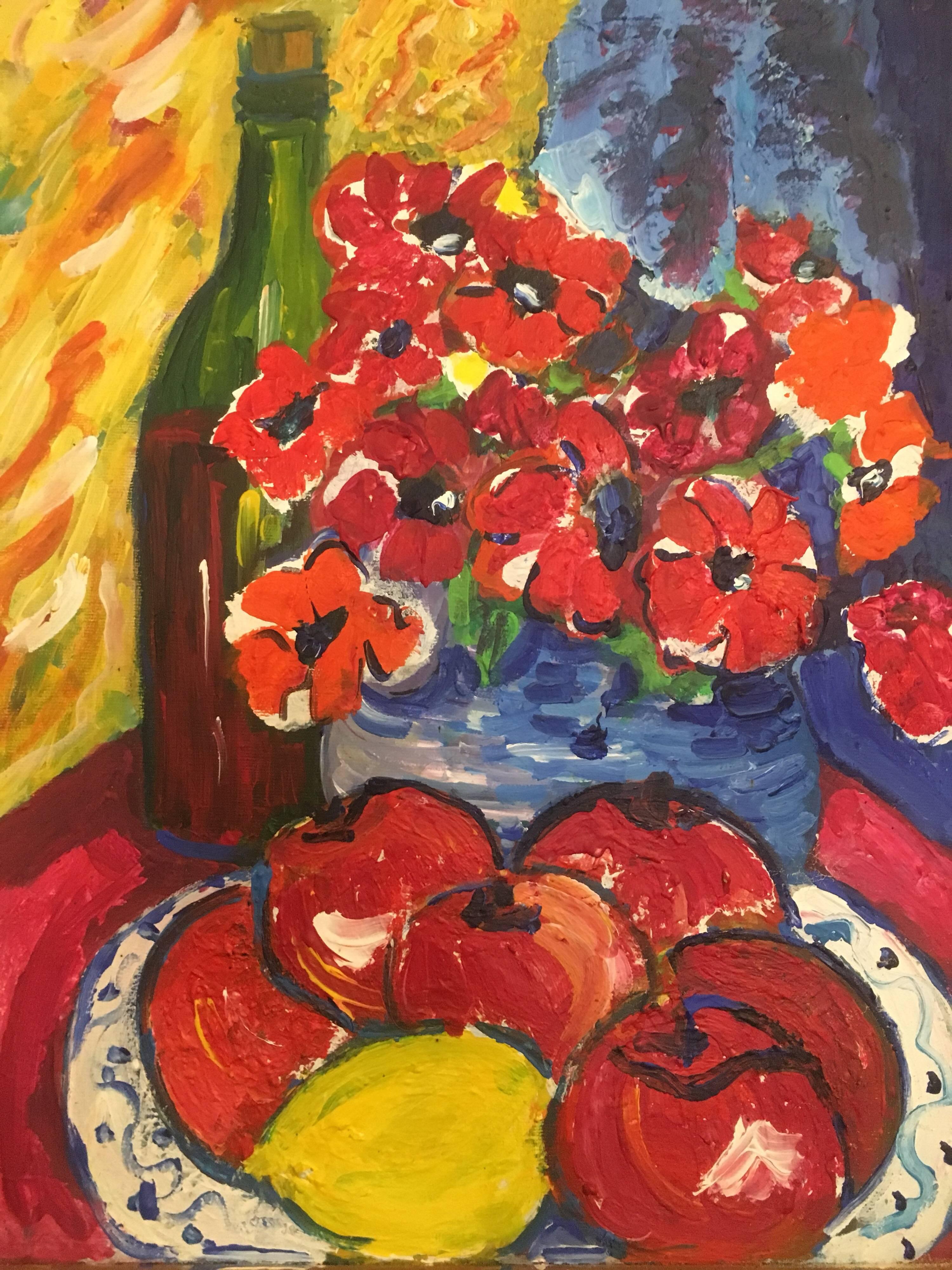 Flowers, Fruit and Wine, Still Life Oil Painting 1
