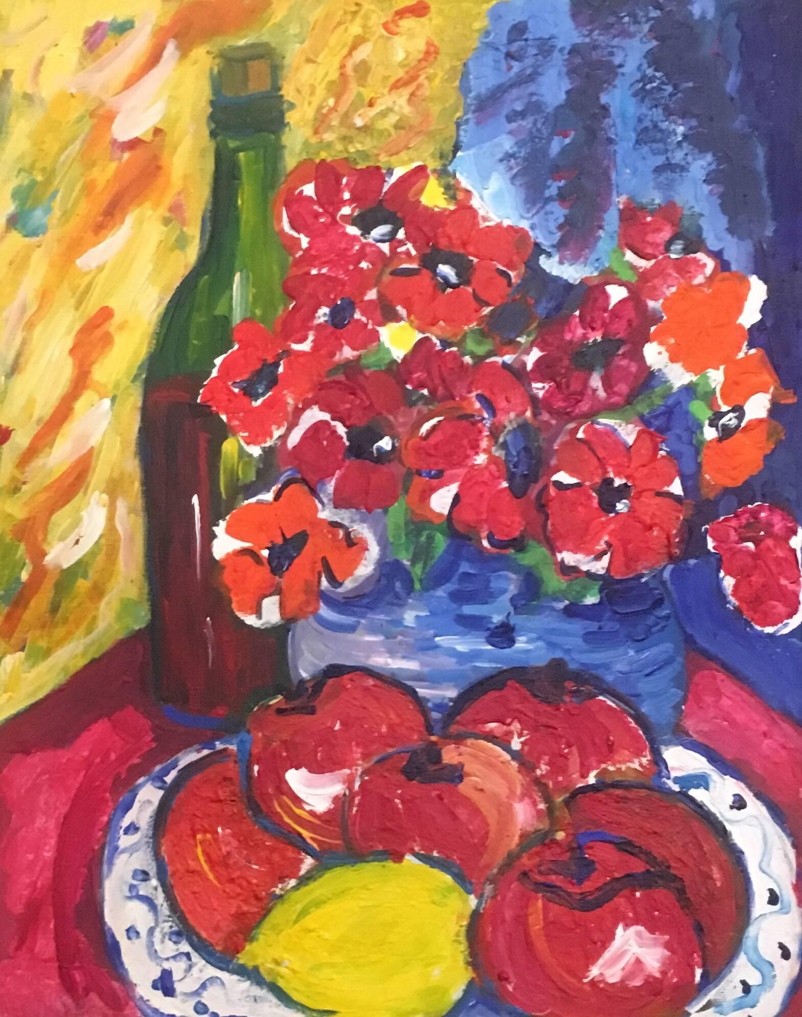 Pamela Cawley Interior Painting - Flowers, Fruit and Wine, Still Life Oil Painting