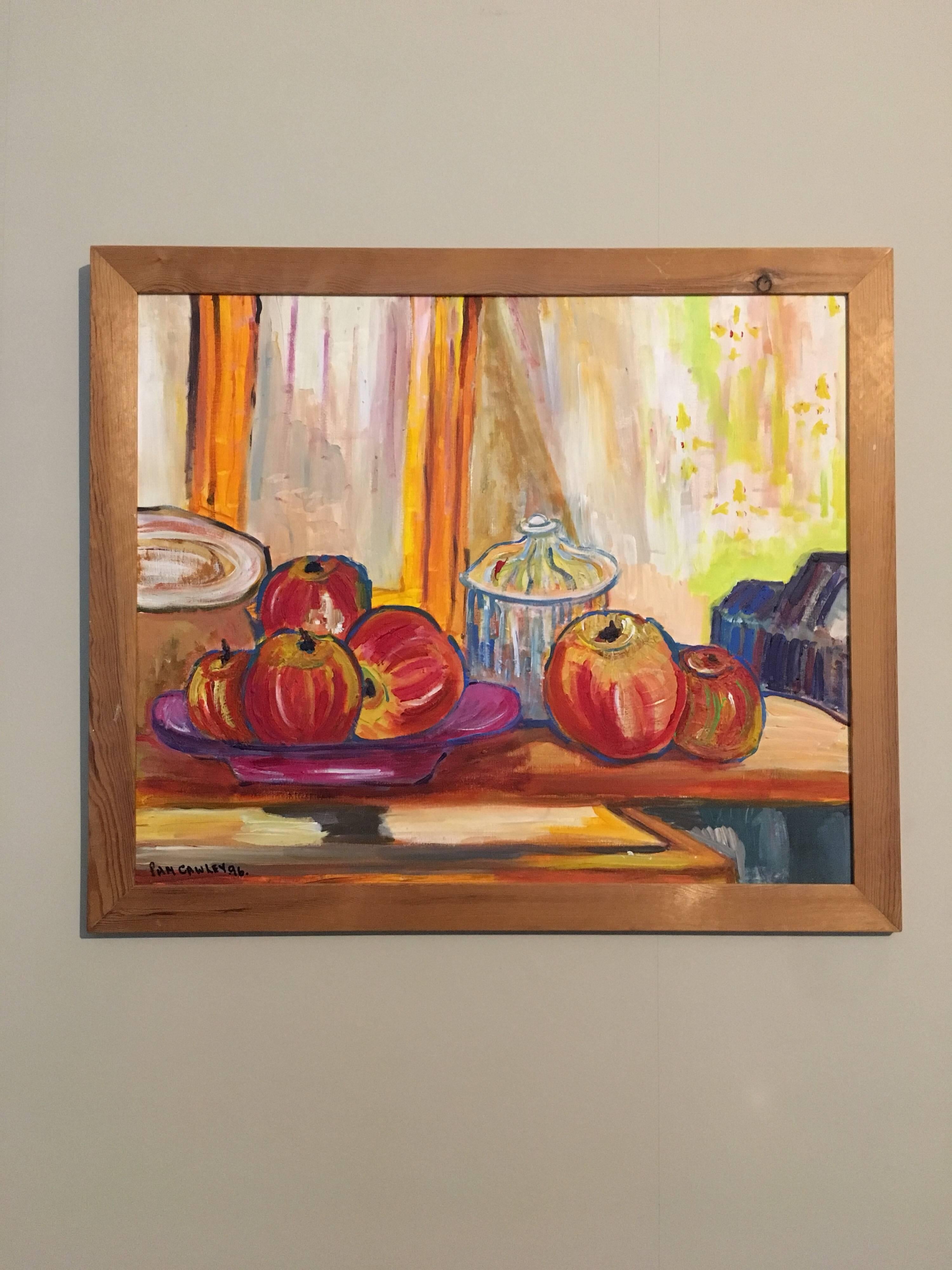 Süße Äpfel auf einem Bauernhoftisch, Stillleben, signiertes Ölgemälde – Painting von Pamela Cawley