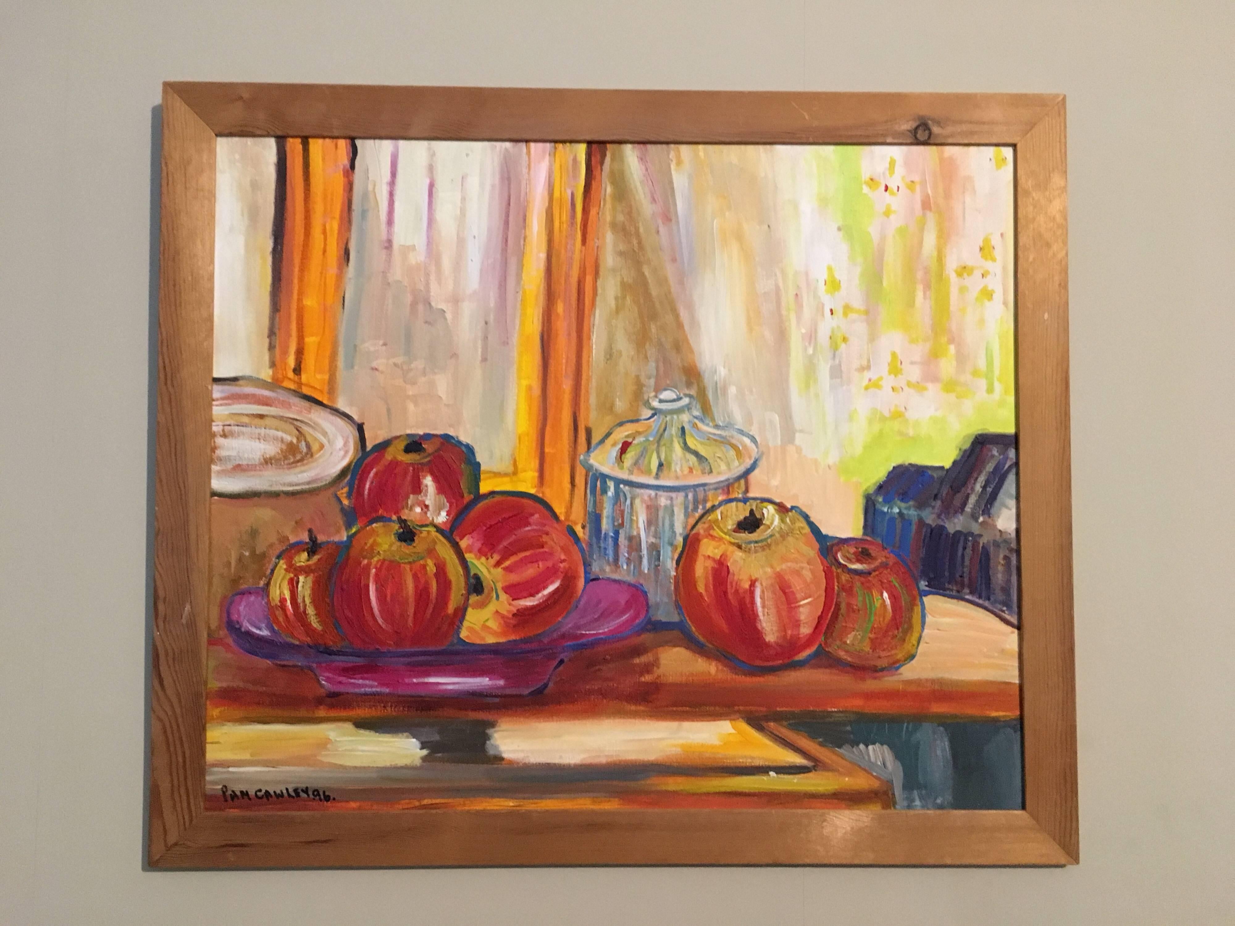 Süße Äpfel auf einem Bauernhoftisch, Stillleben, signiertes Ölgemälde (Impressionismus), Painting, von Pamela Cawley
