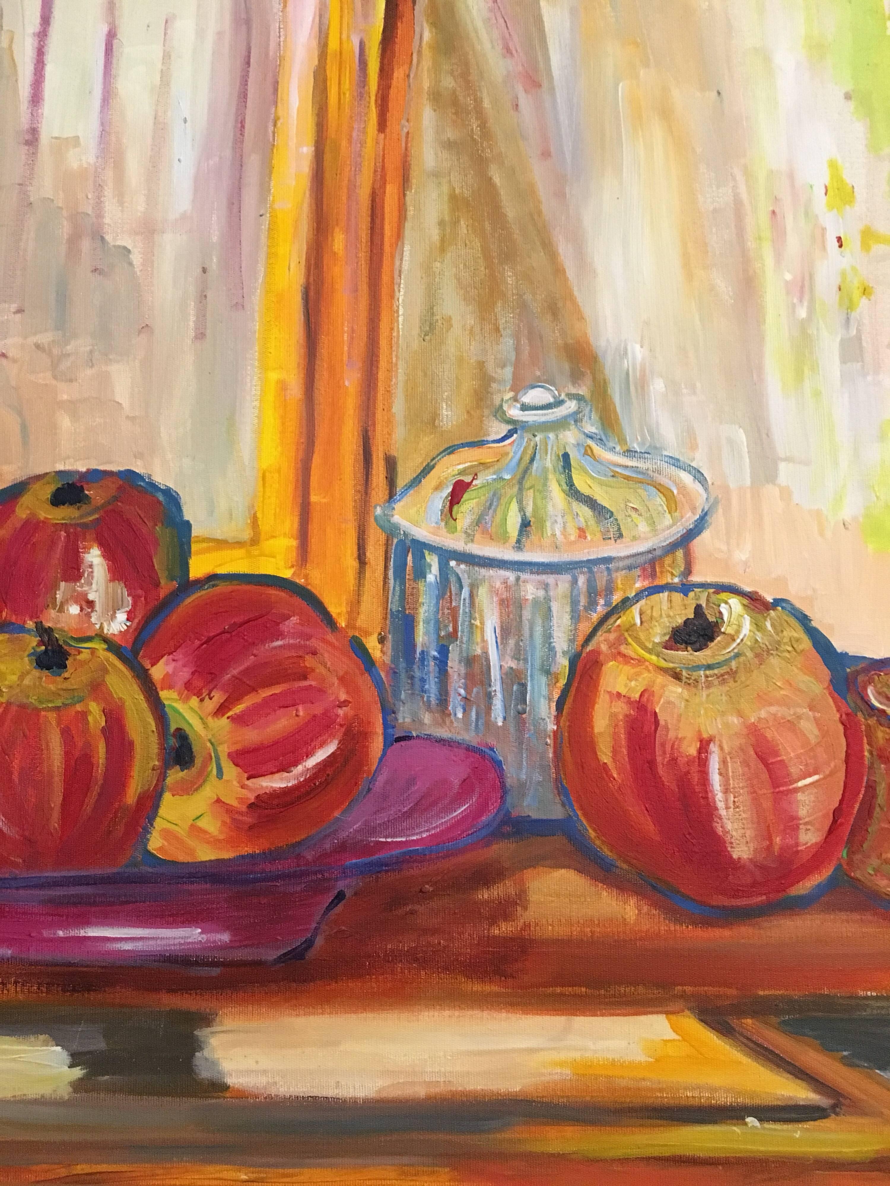 Fresh Apples on a Farmhouse Table, Still Life, Signed Oil Painting
by Pamela Cawley, British 20th century
Signed on the lower right hand corner
oil painting on board, framed

canvas: 22.75 x 26.75 inches 

Stunning original Impressionist oil