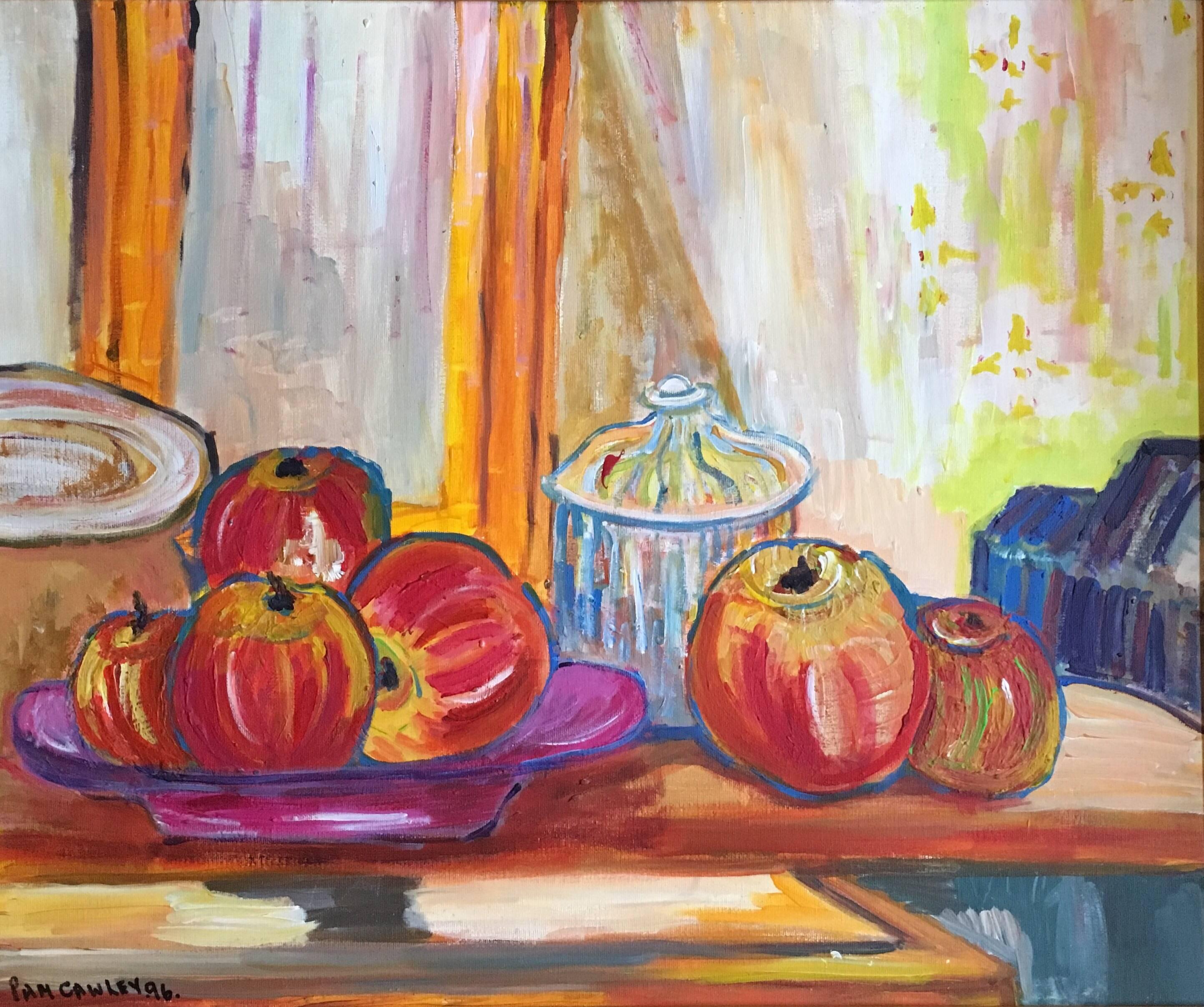 Fresh Apples on a Farmhouse Table, Still Life, Signed Oil Painting