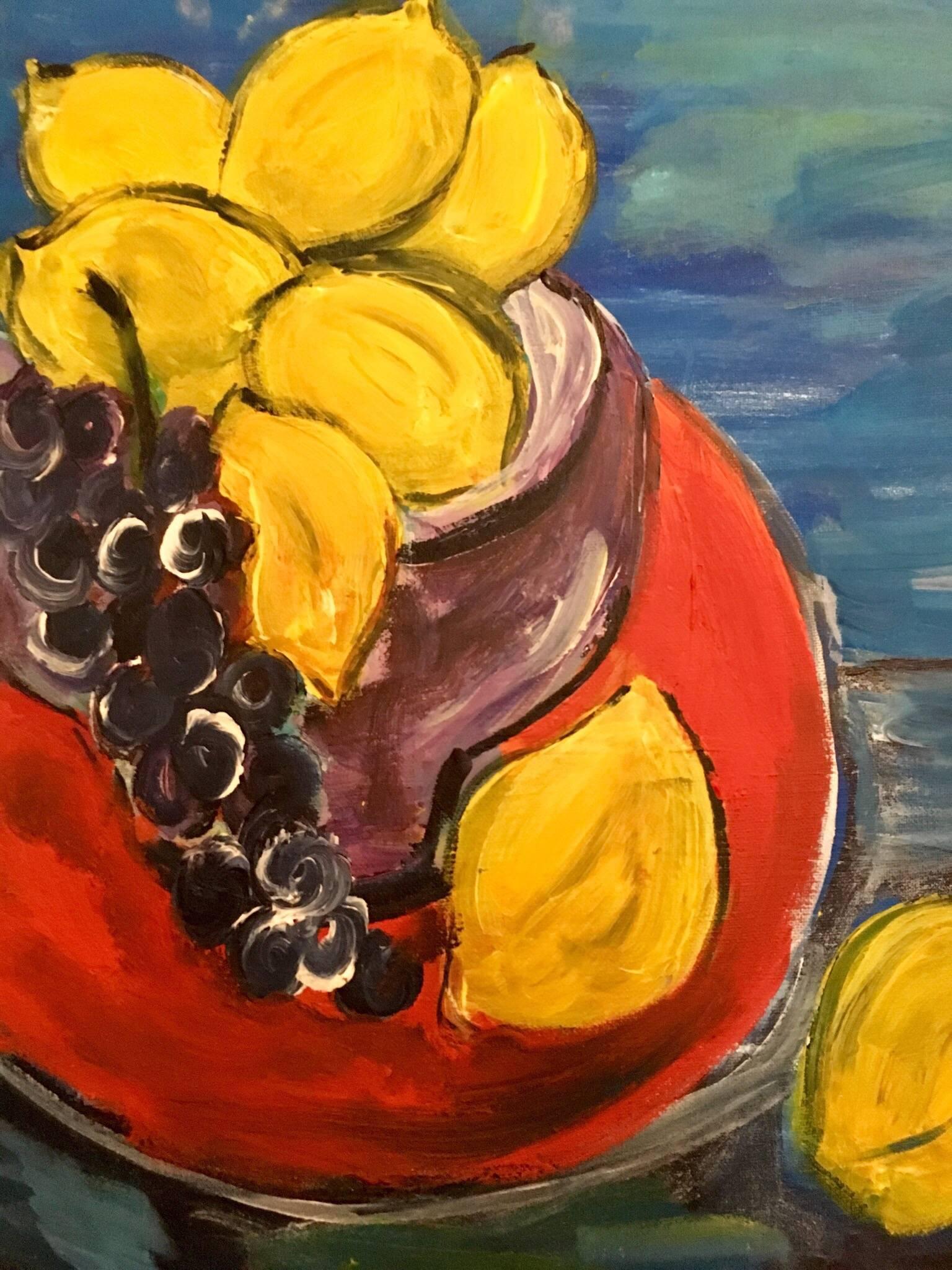 Süße Zitronen, Stillleben, leuchtende Farben, Ölgemälde – Painting von Pamela Cawley