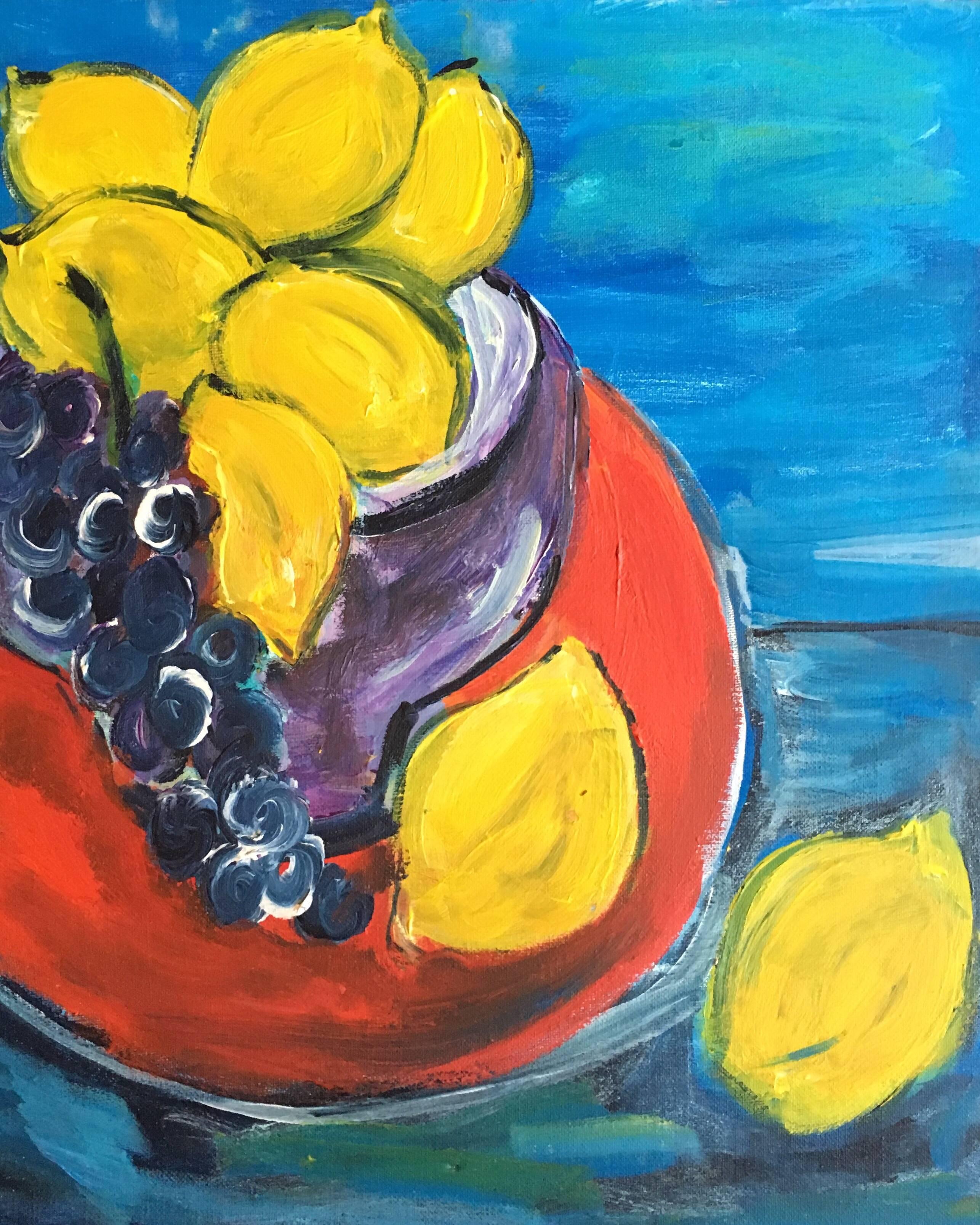 Pamela Cawley Landscape Painting – Süße Zitronen, Stillleben, leuchtende Farben, Ölgemälde