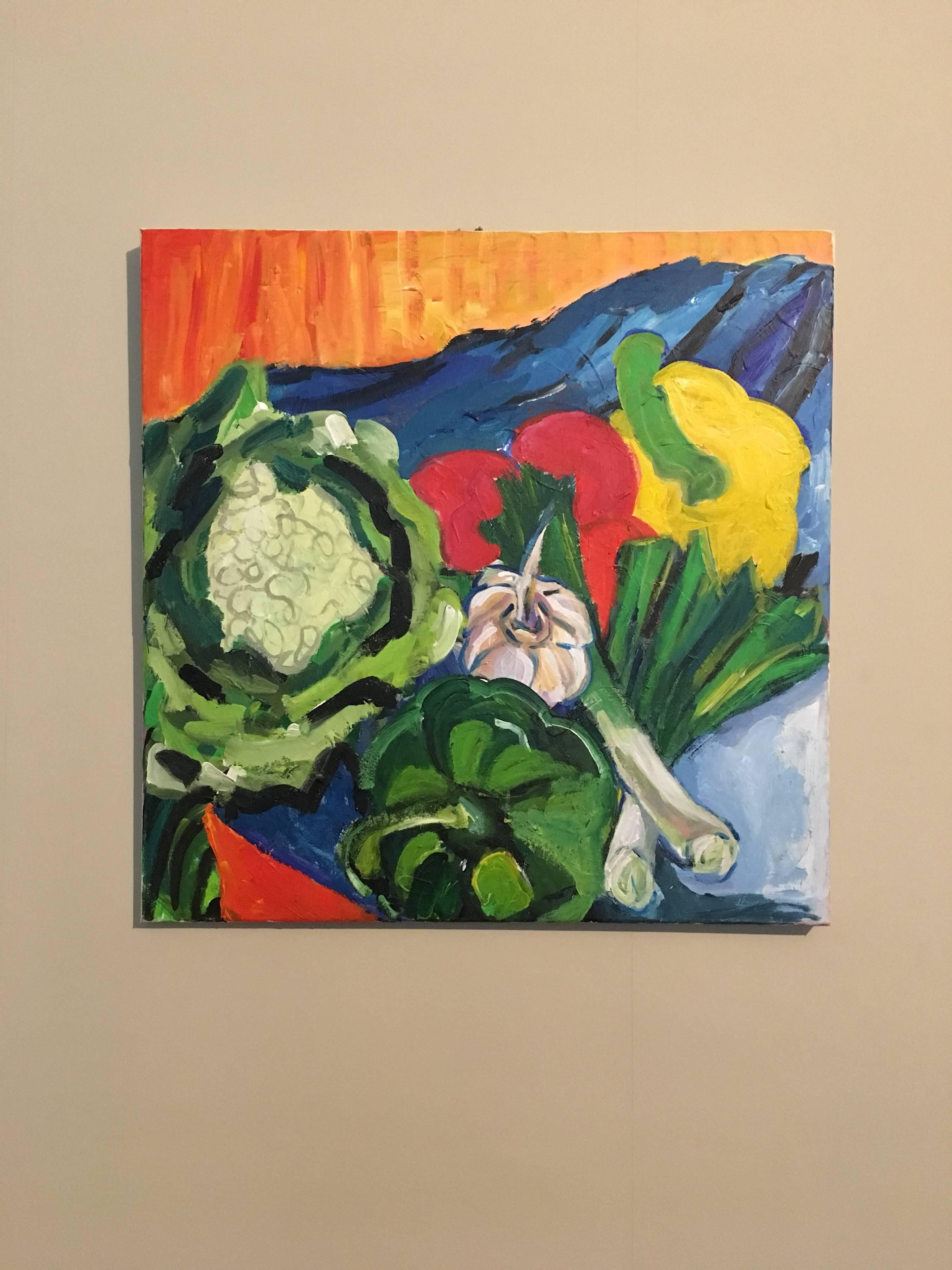 Garden Vegetables, Still Life, Bright Colours, British Artist - Painting by Pamela Cawley