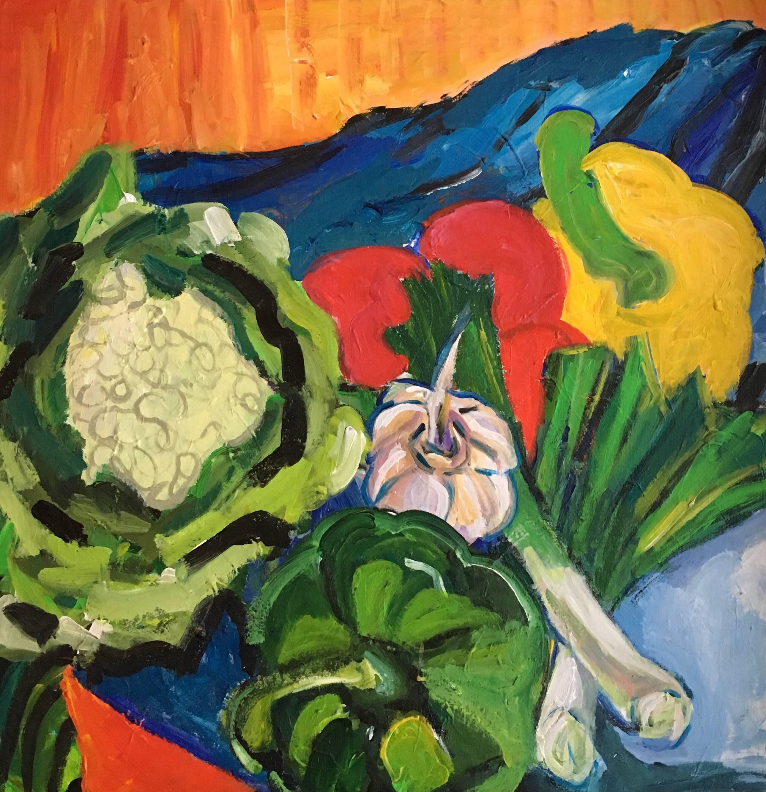Pamela Cawley Still-Life Painting – Garten Gemüse, Stillleben, leuchtende Farben, britischer Künstler