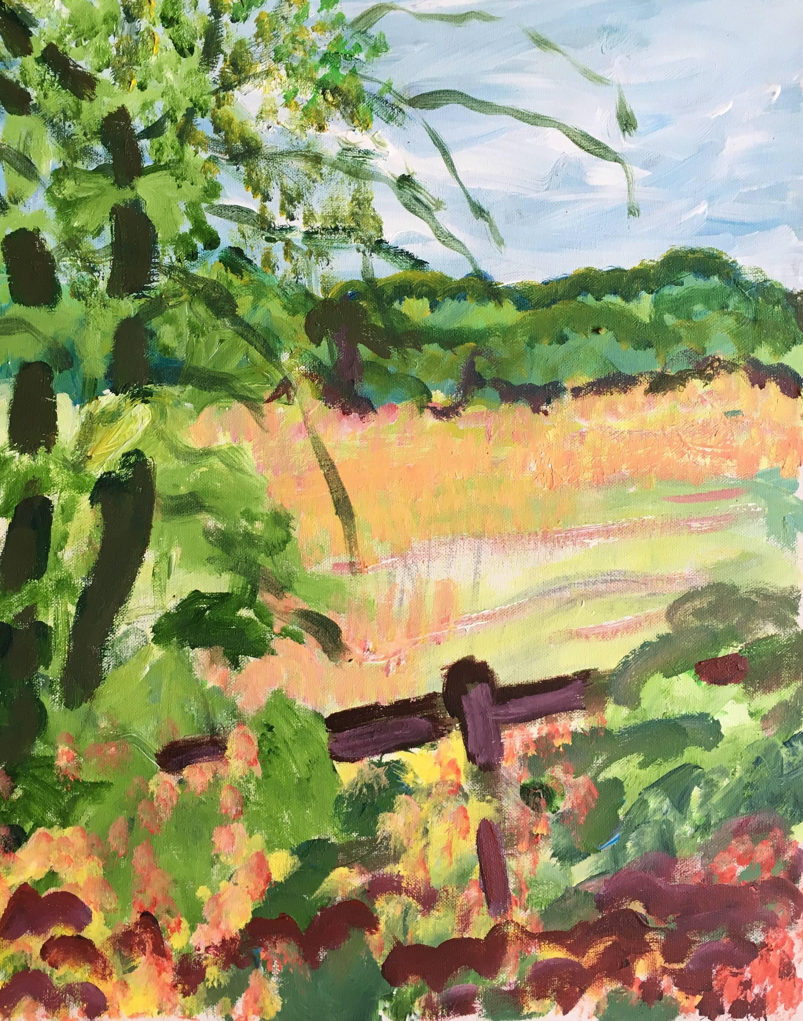 Pamela Cawley Landscape Painting – Impressionistisches Landfeld, Ölgemälde, britischer Künstler