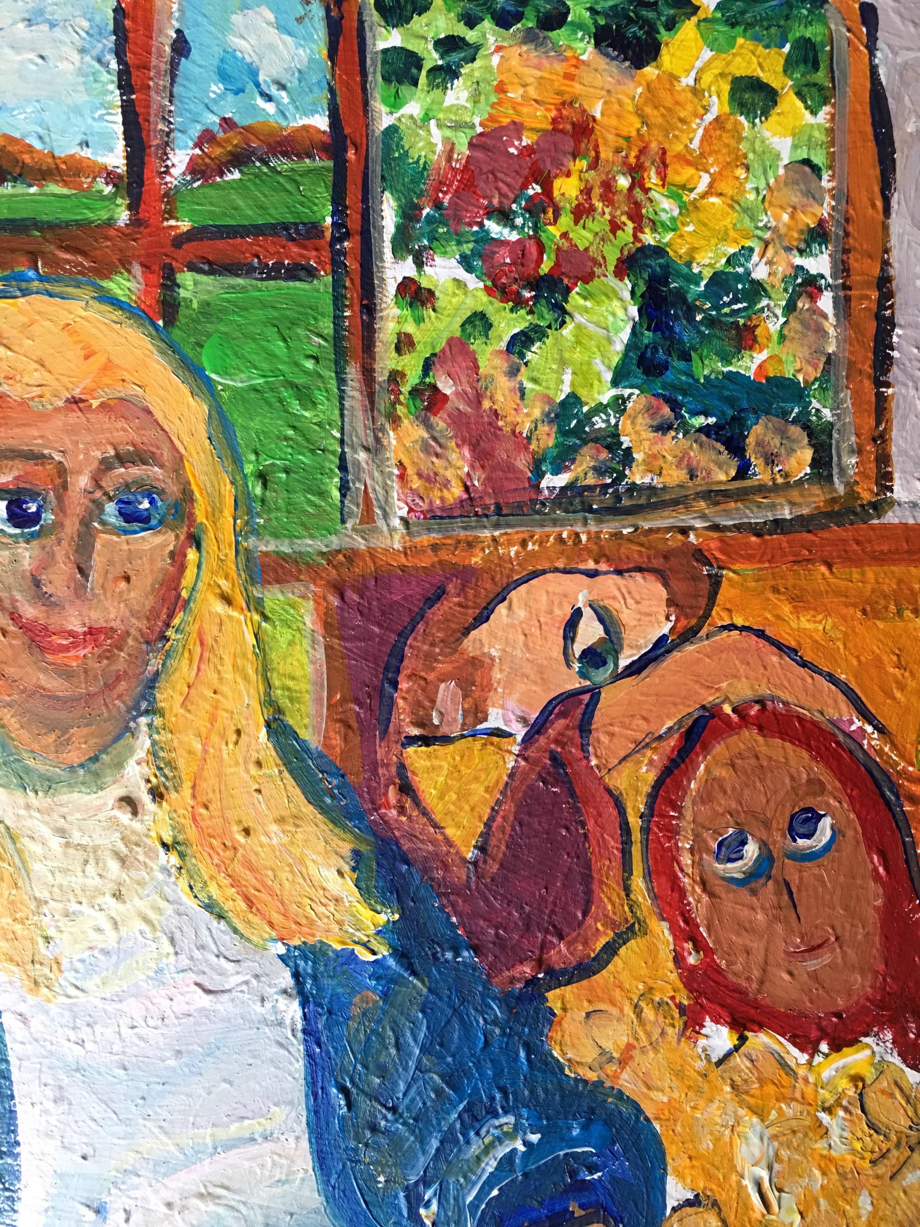 Impressionistische Figuren, leuchtende Farben, Ölgemälde
von Pamela Cawley, Britin, 20. Jahrhundert
ölgemälde auf Karton, ungerahmt
brett: 20 x 16 Zoll 

Beeindruckendes originales impressionistisches Ölgemälde der britischen Künstlerin Pamela