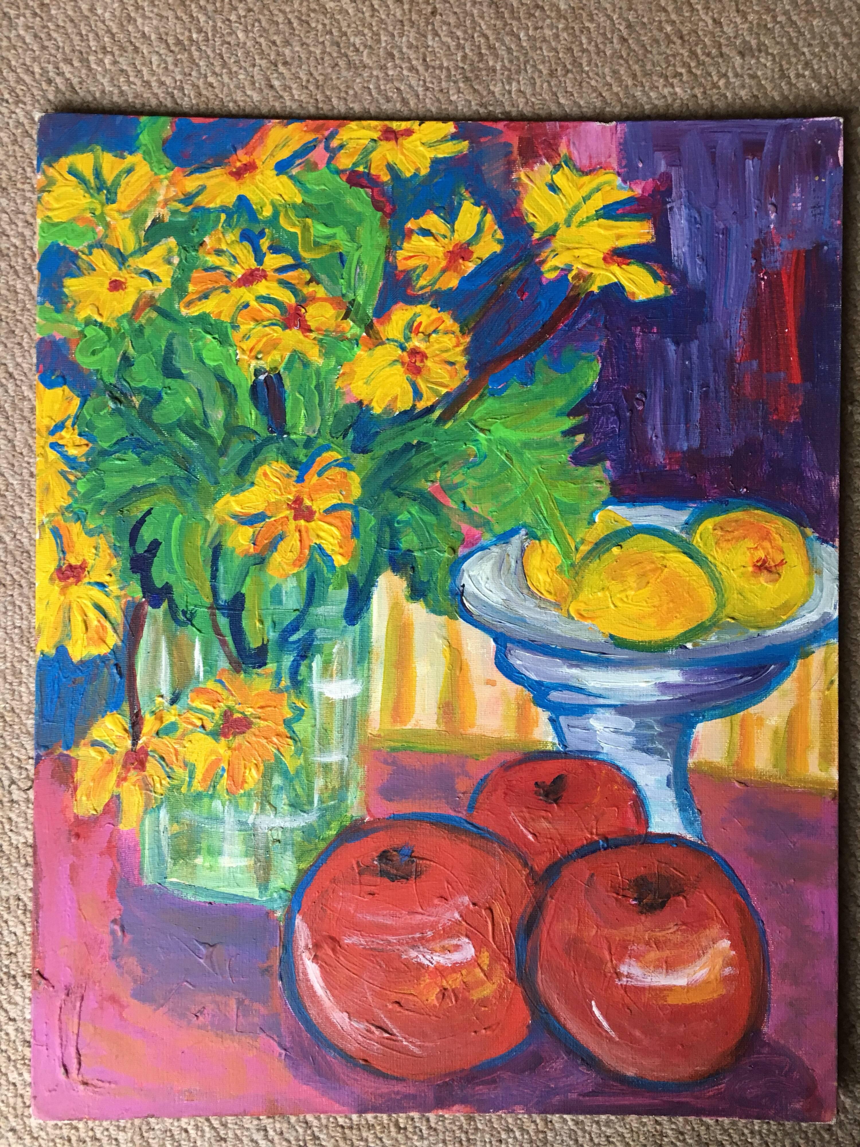 Impressionistisches Ölgemälde mit Zitronen, Zitronen und Äpfeln – Painting von Pamela Cawley