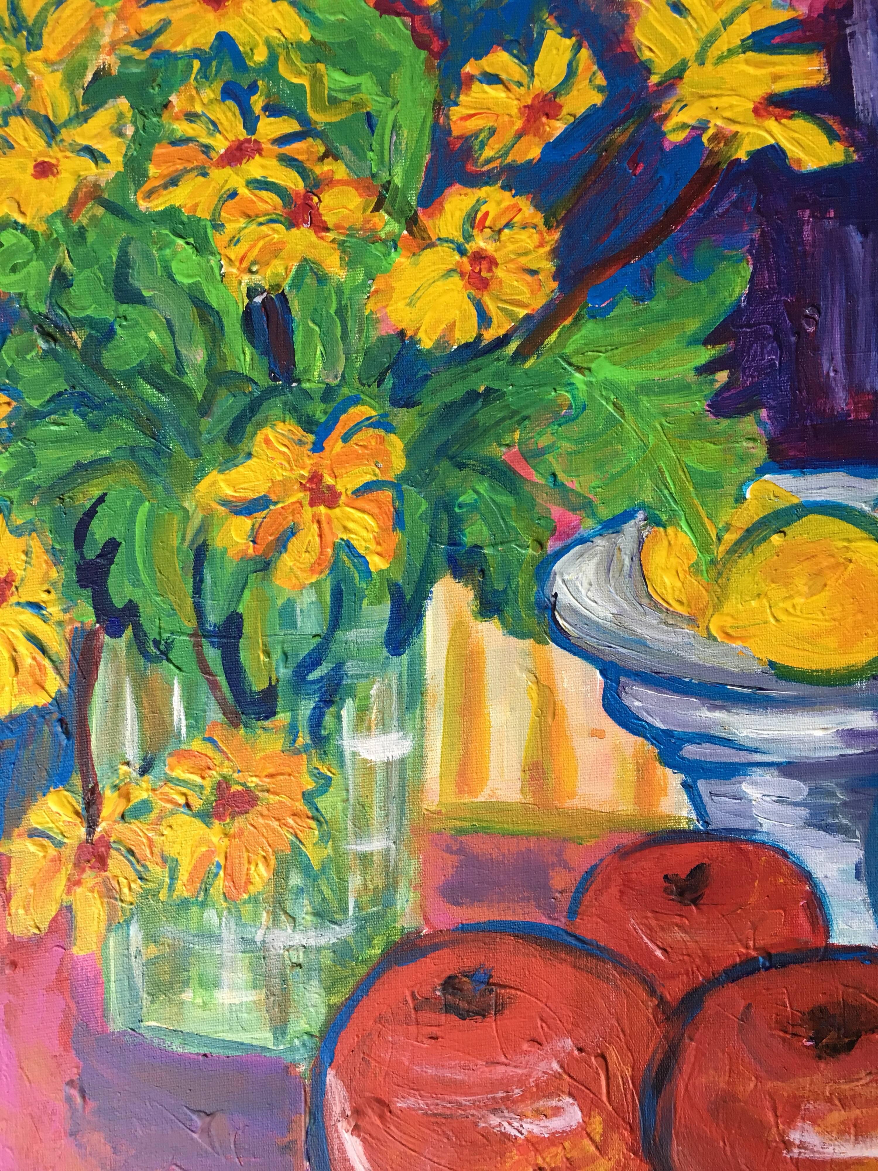 Impressionistisches Ölgemälde mit Zitronen, Zitronen und Äpfeln (Impressionismus), Painting, von Pamela Cawley