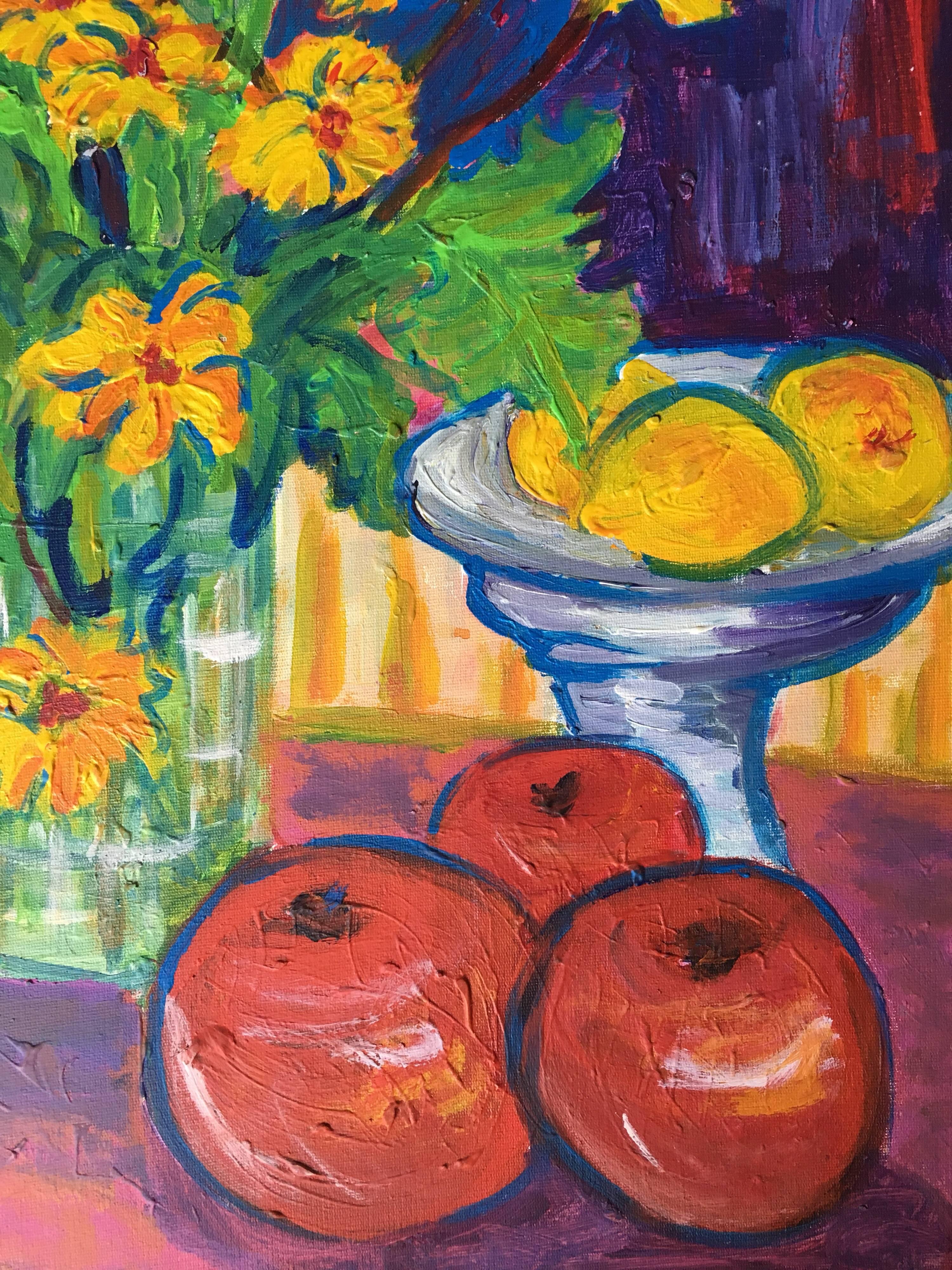 Impressionistisches Ölgemälde mit Zitronen, Zitronen und Äpfeln (Braun), Landscape Painting, von Pamela Cawley