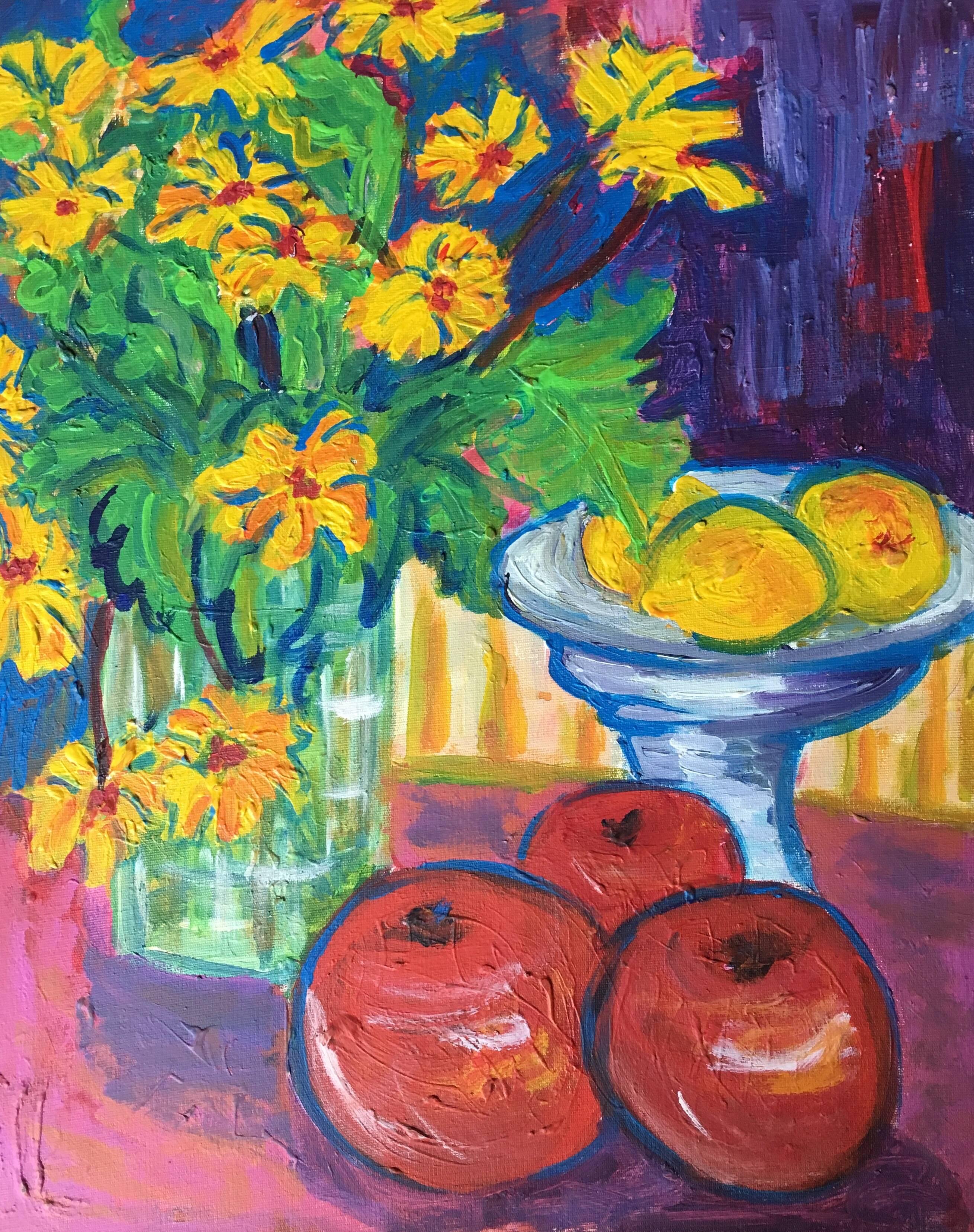 Peinture à l'huile impressionniste représentant des marguerites, des citrons et des pommes