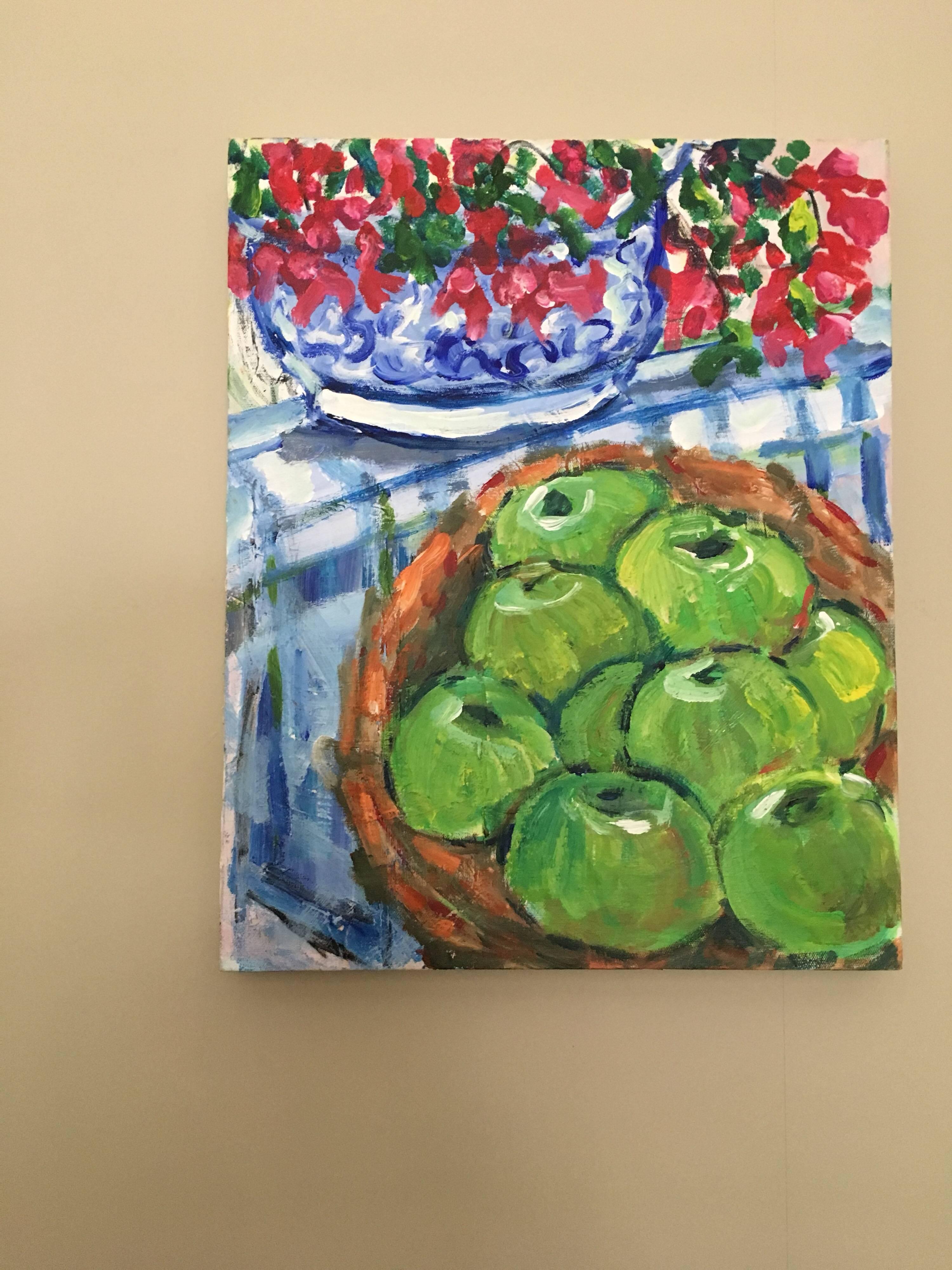Impressionistisches Stillleben Äpfel und Blumen, Ölgemälde – Painting von Pamela Cawley