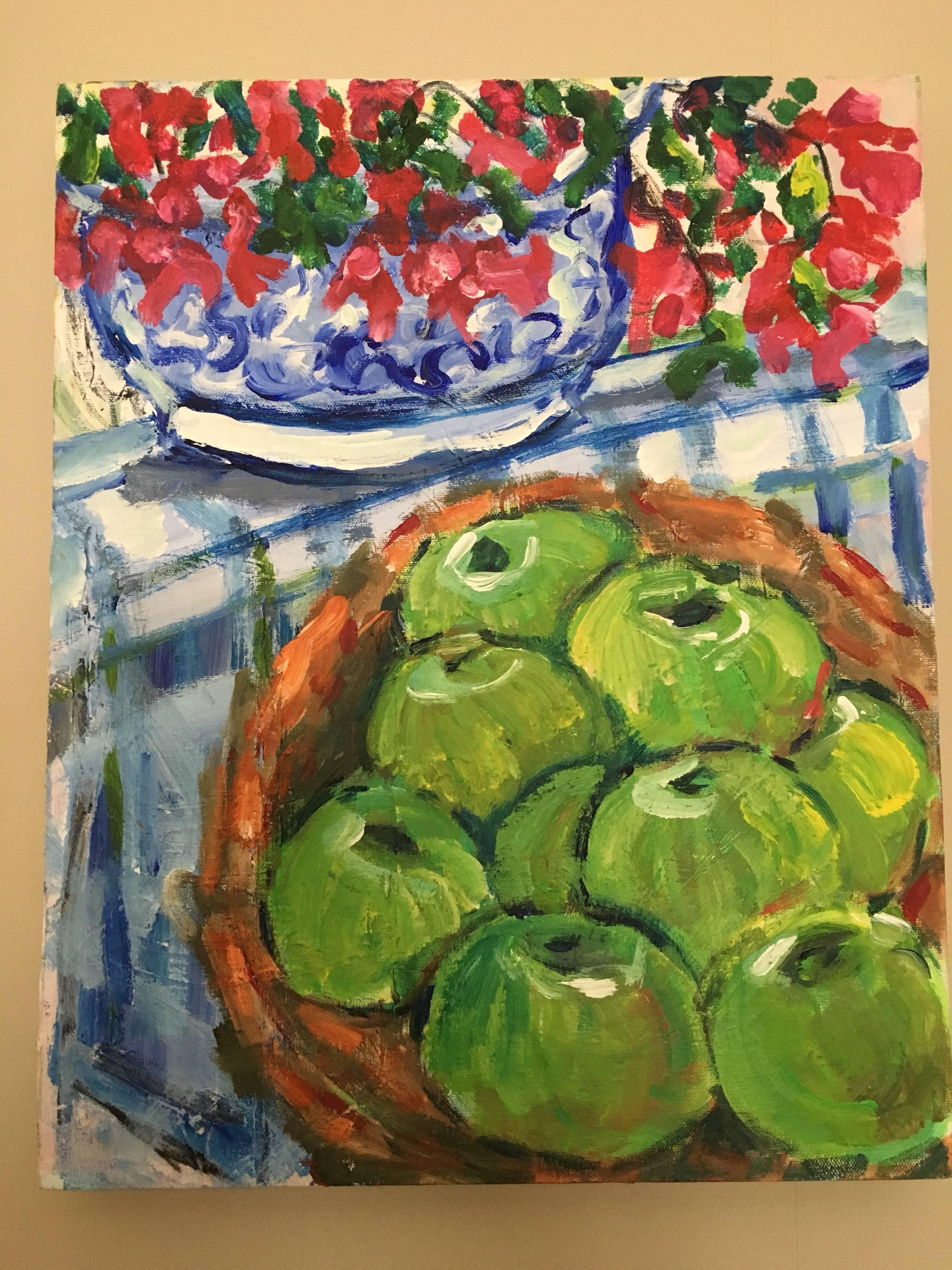 Impressionistisches Stillleben Äpfel und Blumen, Ölgemälde (Impressionismus), Painting, von Pamela Cawley