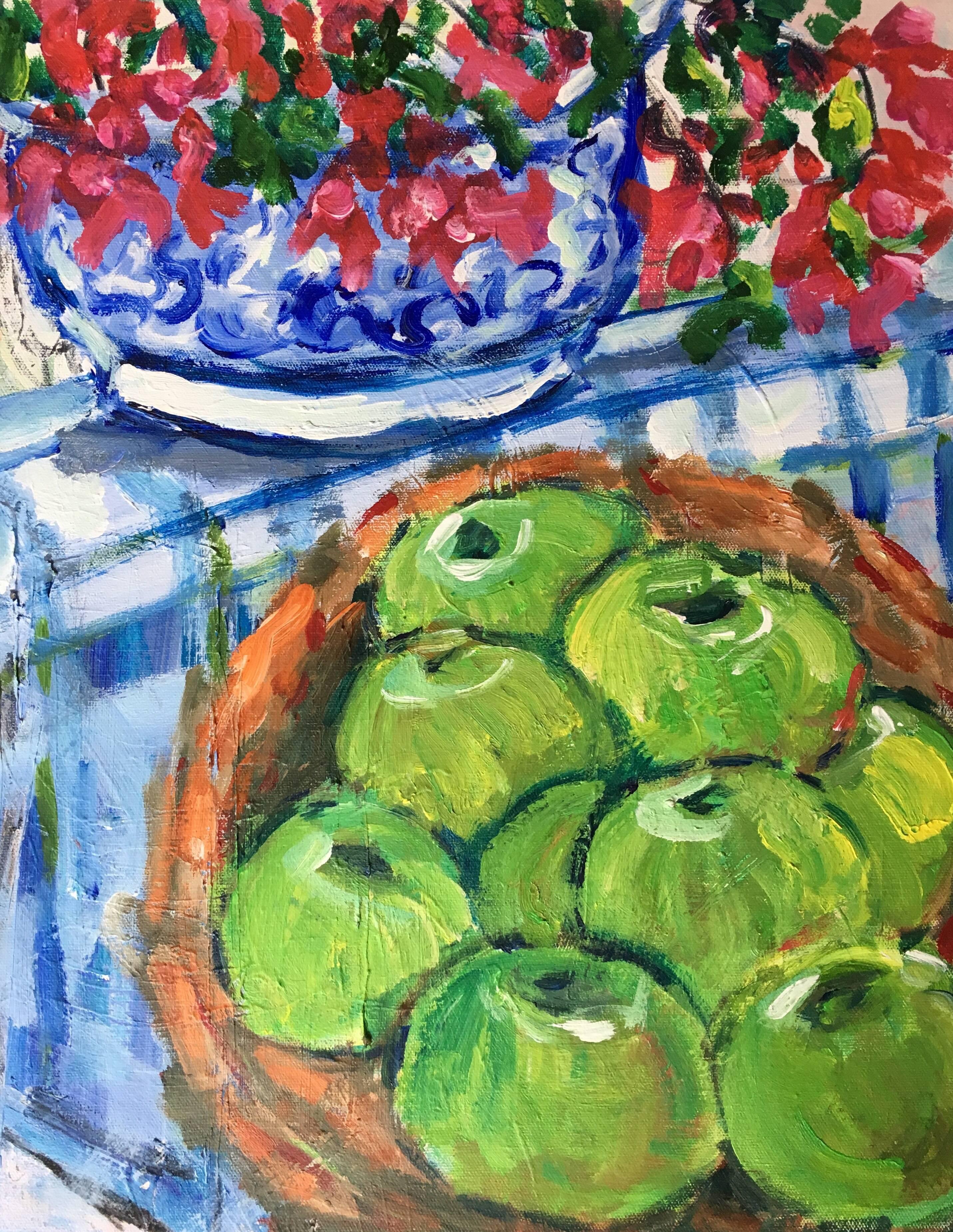 Impressionistisches Stillleben Äpfel und Blumen, Ölgemälde (Grau), Landscape Painting, von Pamela Cawley