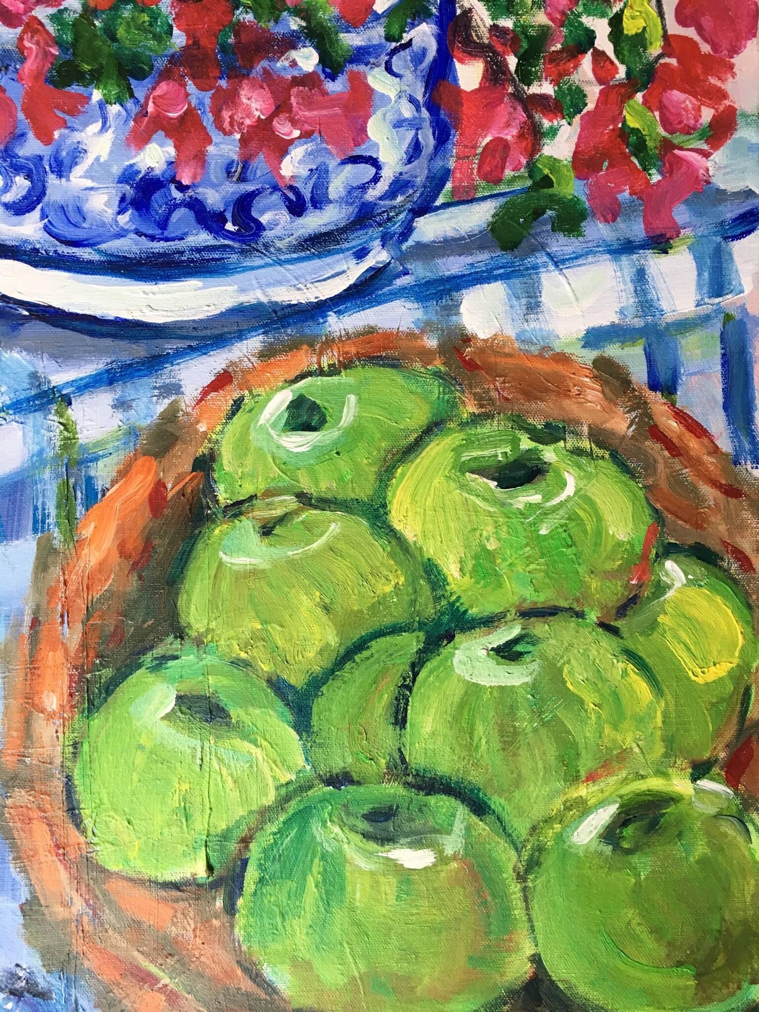 Impressionistisches Stillleben Äpfel und Blumen, Ölgemälde
von Pamela Cawley, Britin, 20. Jahrhundert
ölgemälde auf Leinwand, ungerahmt
brett: 20 x 16 Zoll 

Beeindruckendes originales impressionistisches Ölgemälde der britischen Künstlerin Pamela