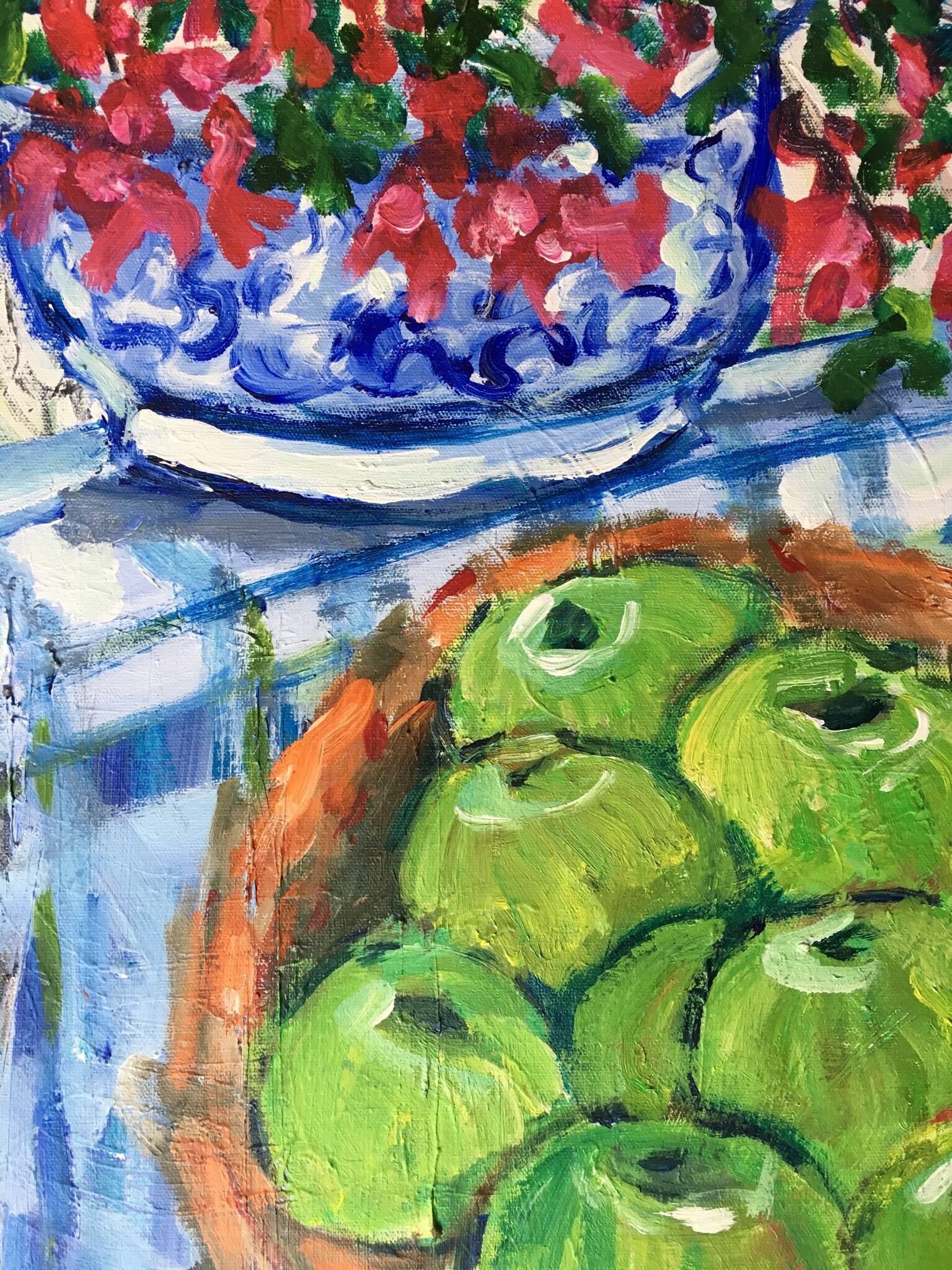 Impressionist Still Life Apples and Flowers, Oil Painting
by Pamela Cawley, British 20th century
oil painting on canvas, unframed
board: 20 x 16 inches 

Stunning original Impressionist oil painting by the 20th century British artist, Pamela Cawley.