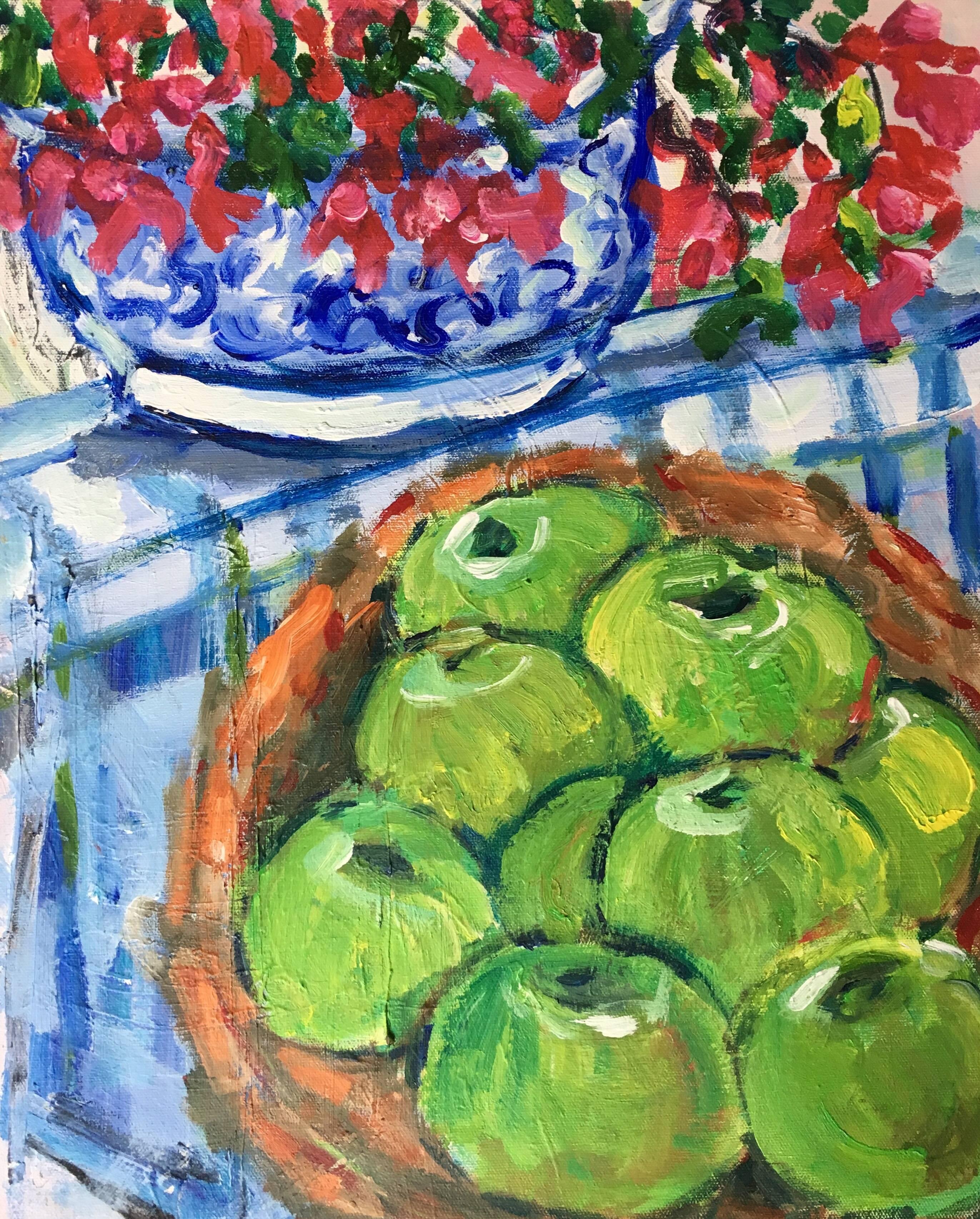 Pamela Cawley Landscape Painting – Impressionistisches Stillleben Äpfel und Blumen, Ölgemälde