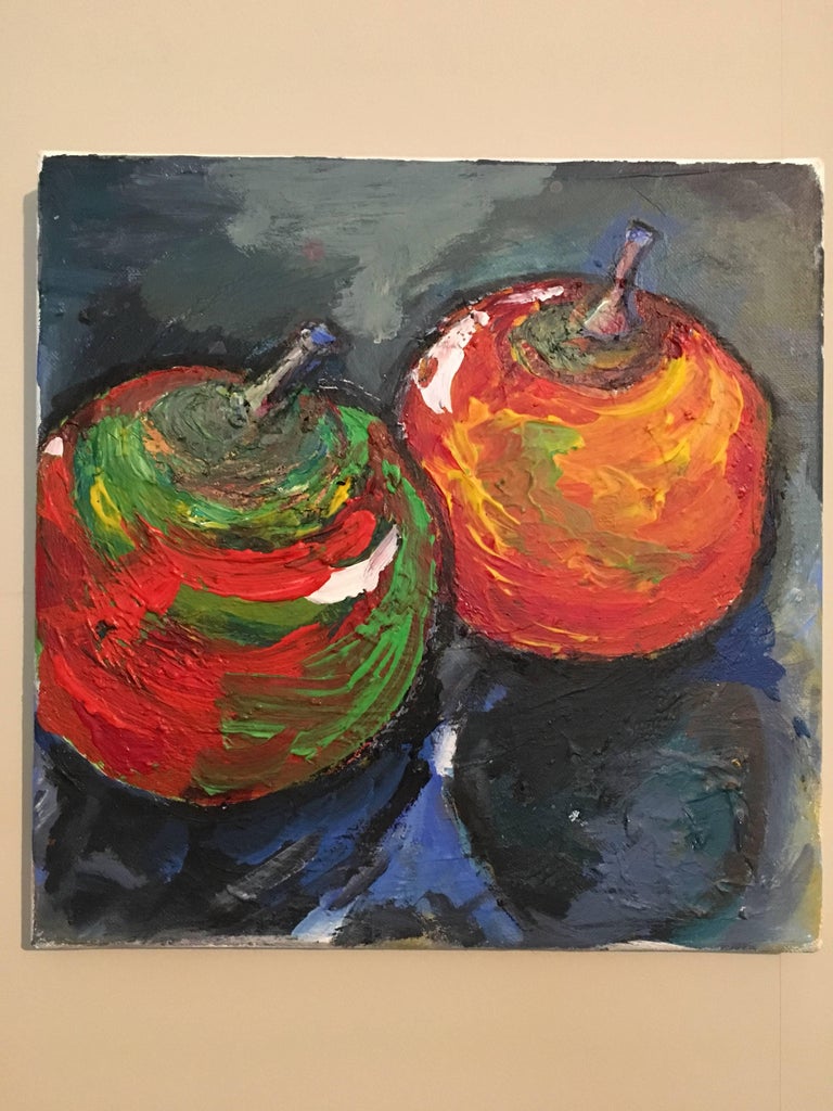 Impressionist Still Life of Two Apples, British Artist
by Pamela Cawley, British 20th century
oil painting on canvas, unframed
canvas: 12 x 12 inches 

Stunning original Impressionist oil painting by the 20th century British artist, Pamela Cawley.