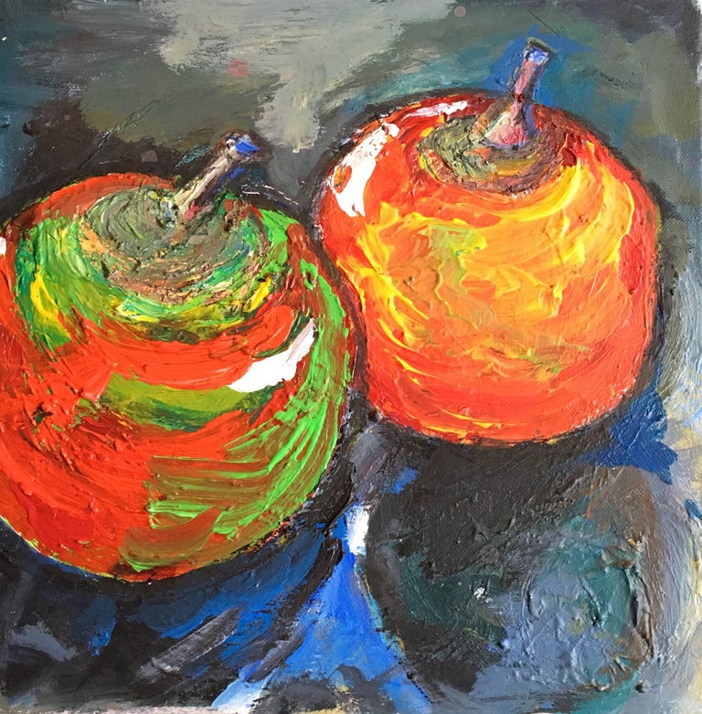 Pamela Cawley Landscape Painting - Impressionist Still Life of Two Apples, British Artist
