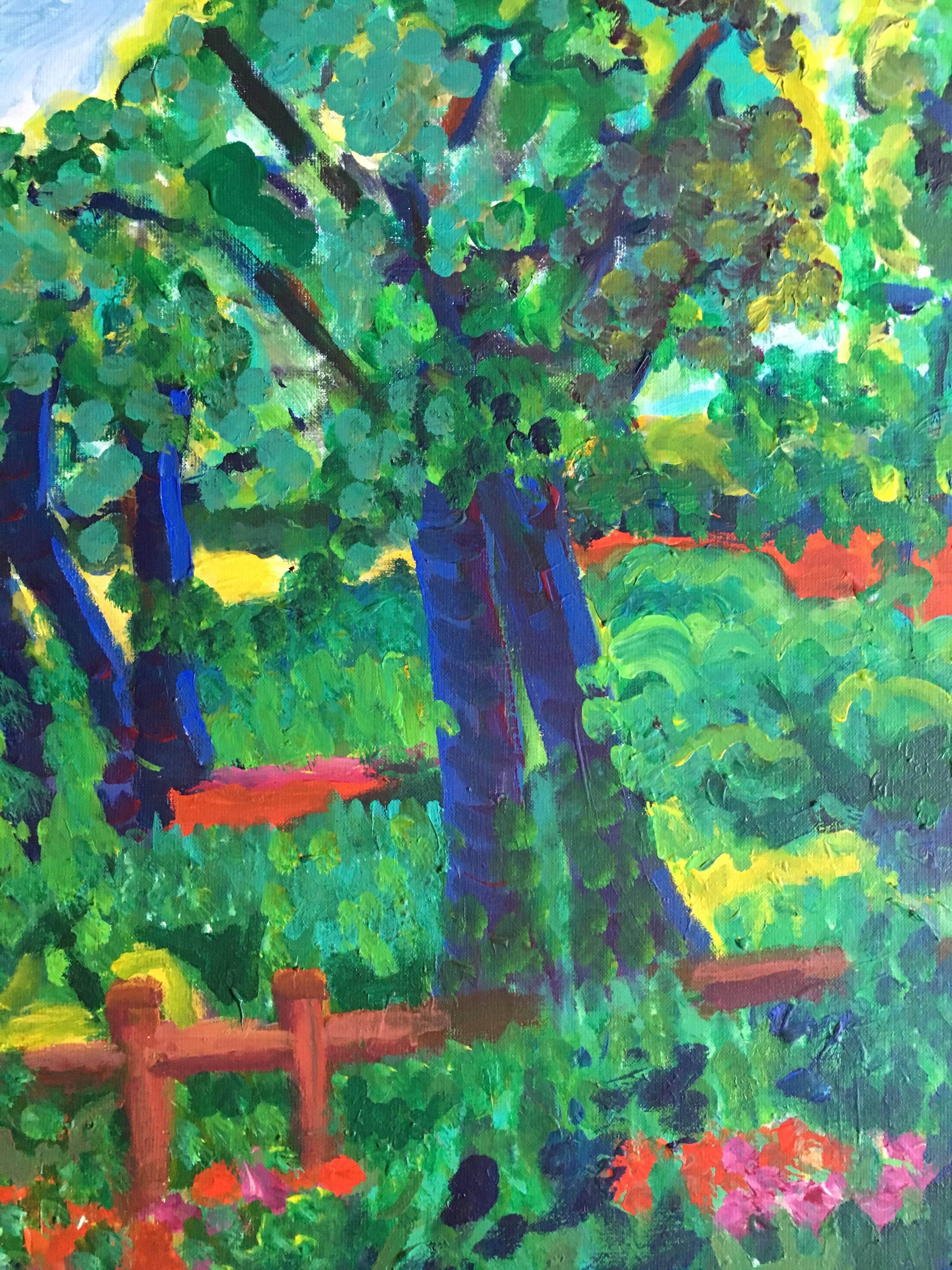 Grande peinture à l'huile britannique impressionniste Sunlit Country Lane, couleurs vertes et dorées - Gris Landscape Painting par Pamela Cawley