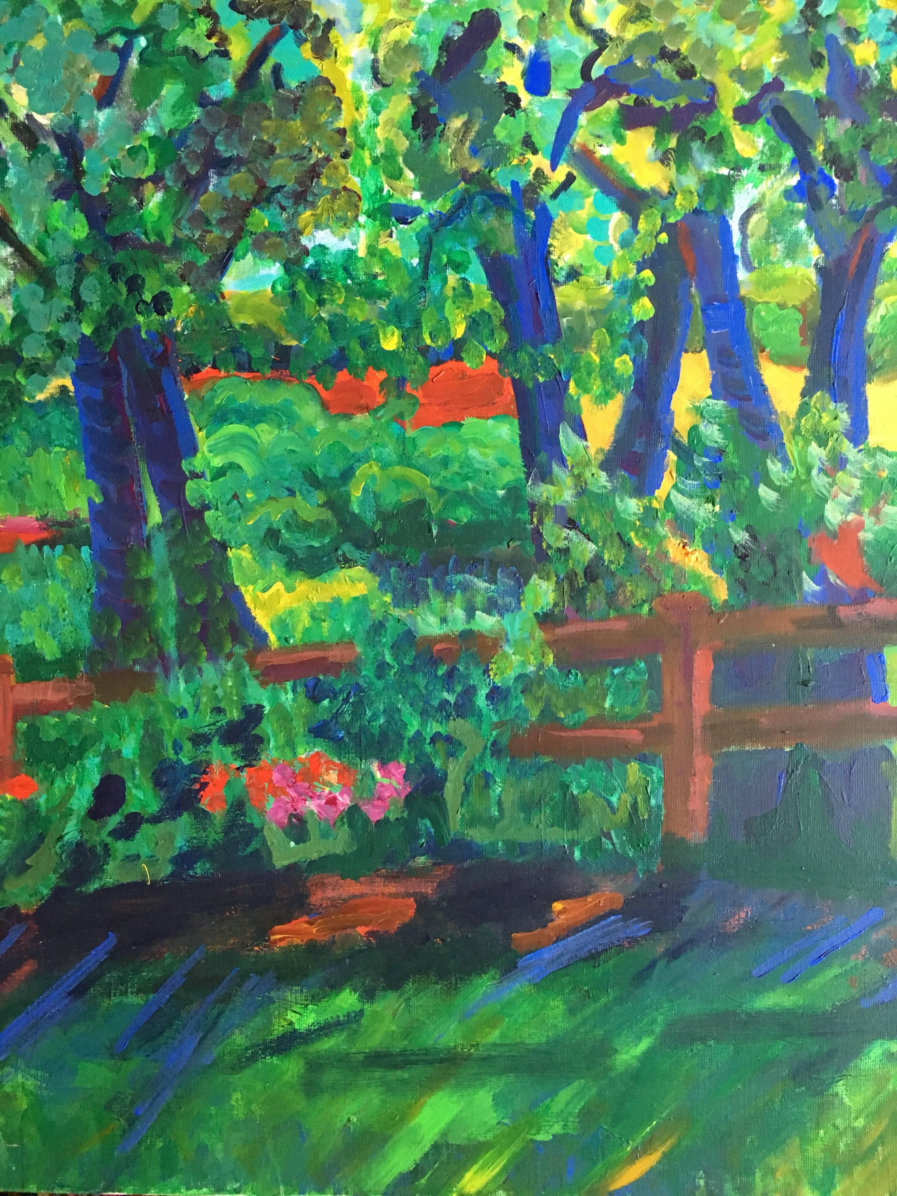 Grande peinture à l'huile britannique impressionniste Sunlit Country Lane, couleurs vertes et dorées en vente 1