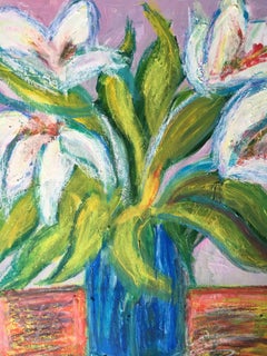 Lilies in a Blue Vase, Impressionist Oil Painting of Flowers