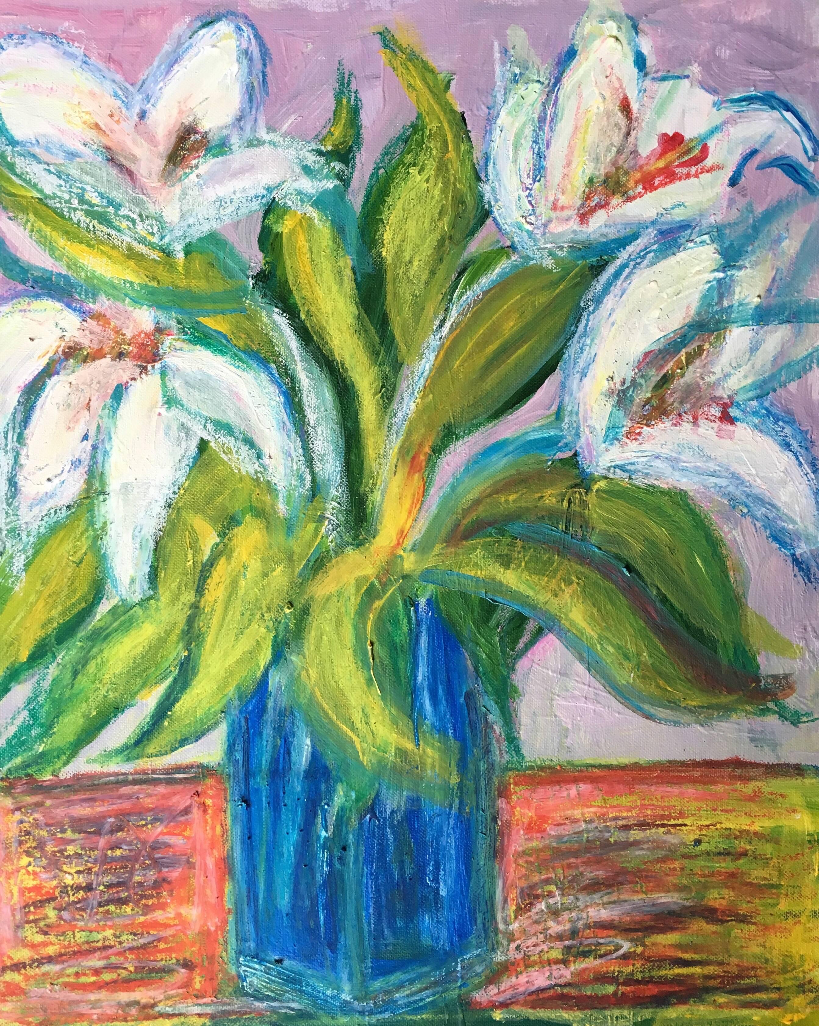 Pamela Cawley Landscape Painting – Lilien in einer blauen Vase, impressionistisches Ölgemälde von Blumen