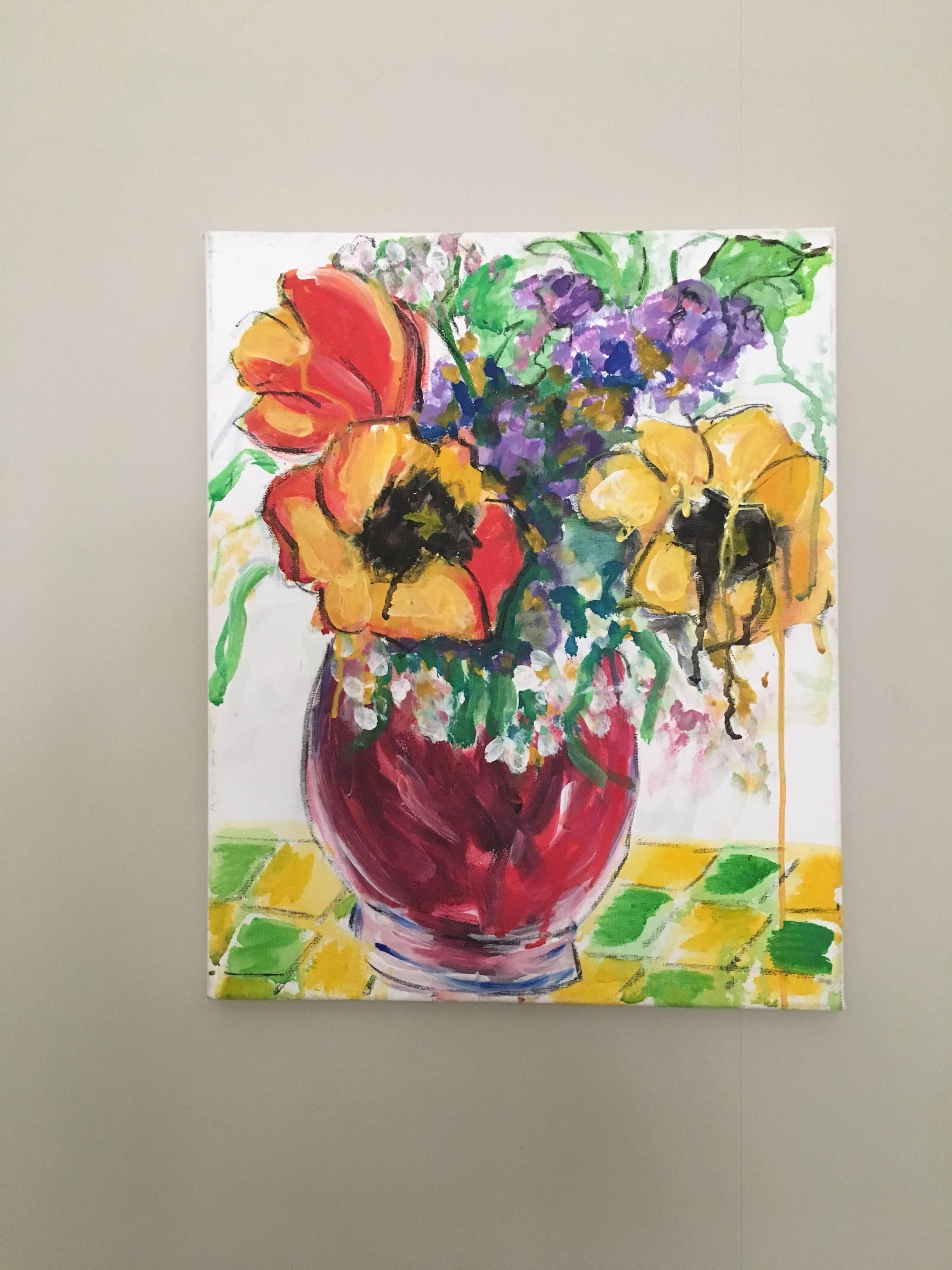 Mehrfarbige Blumen in einer Vase, Impressionist, britischer Künstler – Painting von Pamela Cawley