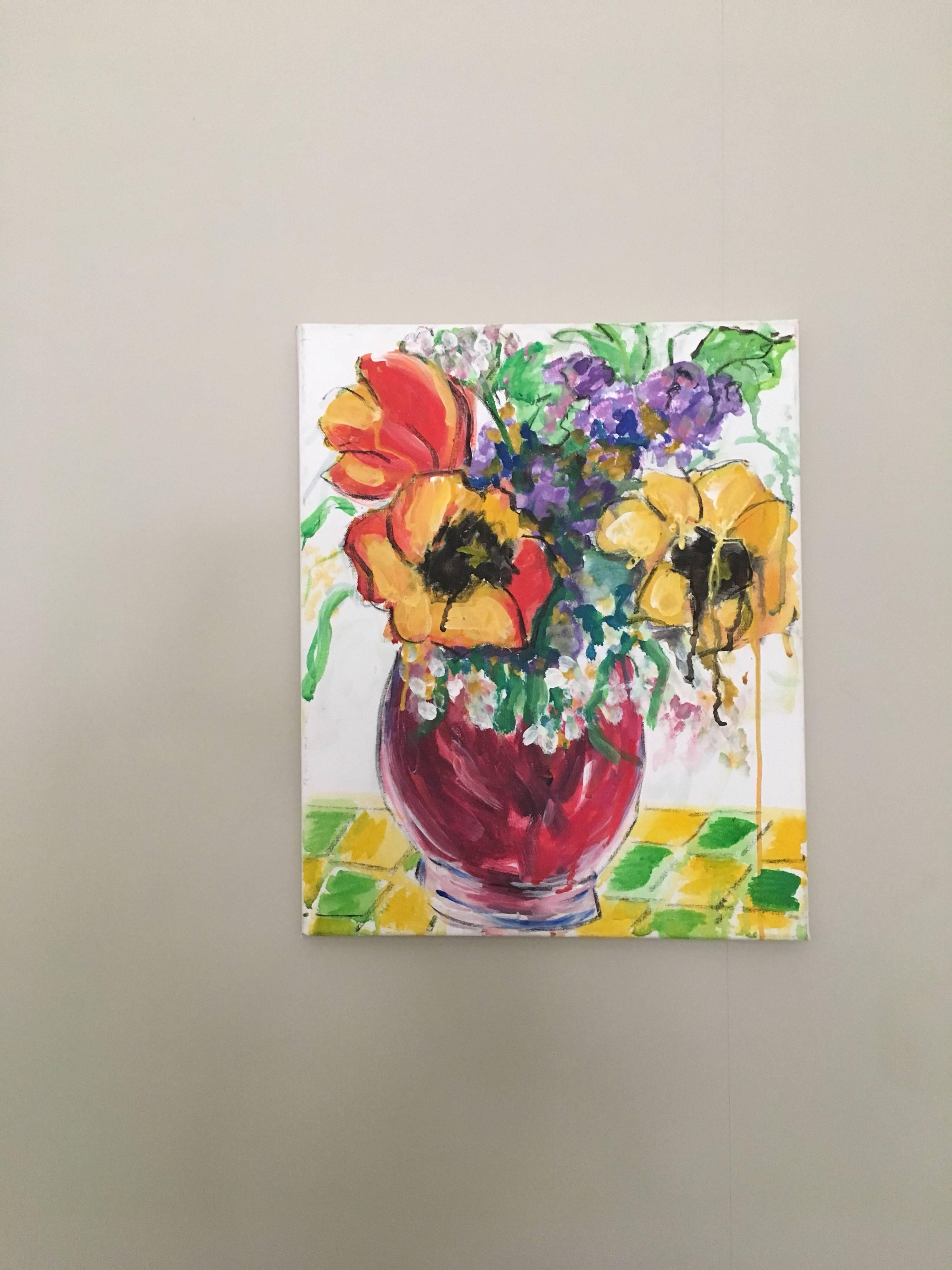 Mehrfarbige Blumen in einer Vase, Impressionist, britischer Künstler (Impressionismus), Painting, von Pamela Cawley