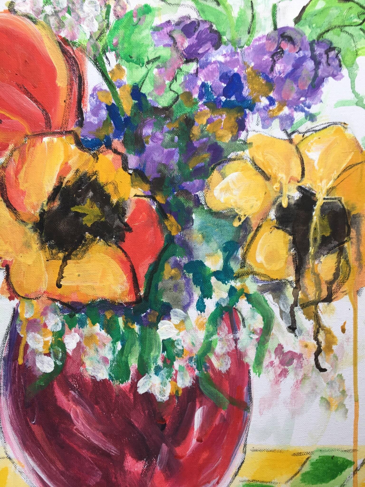Mehrfarbige Blumen in einer Vase, Impressionist, britischer Künstler im Angebot 1