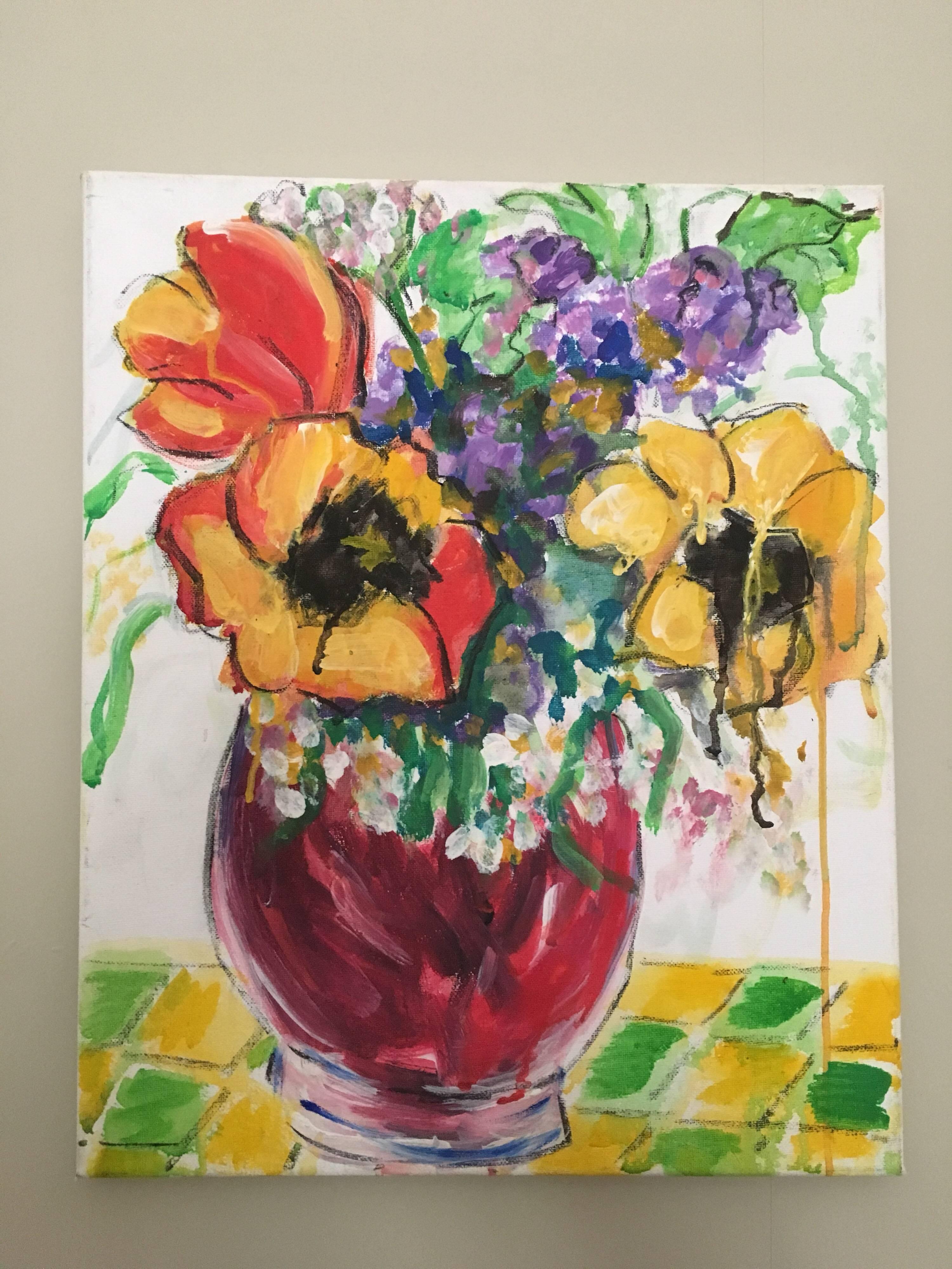 Multicoloured Flowers in a Vase, Impressionist, British Artist For Sale 1