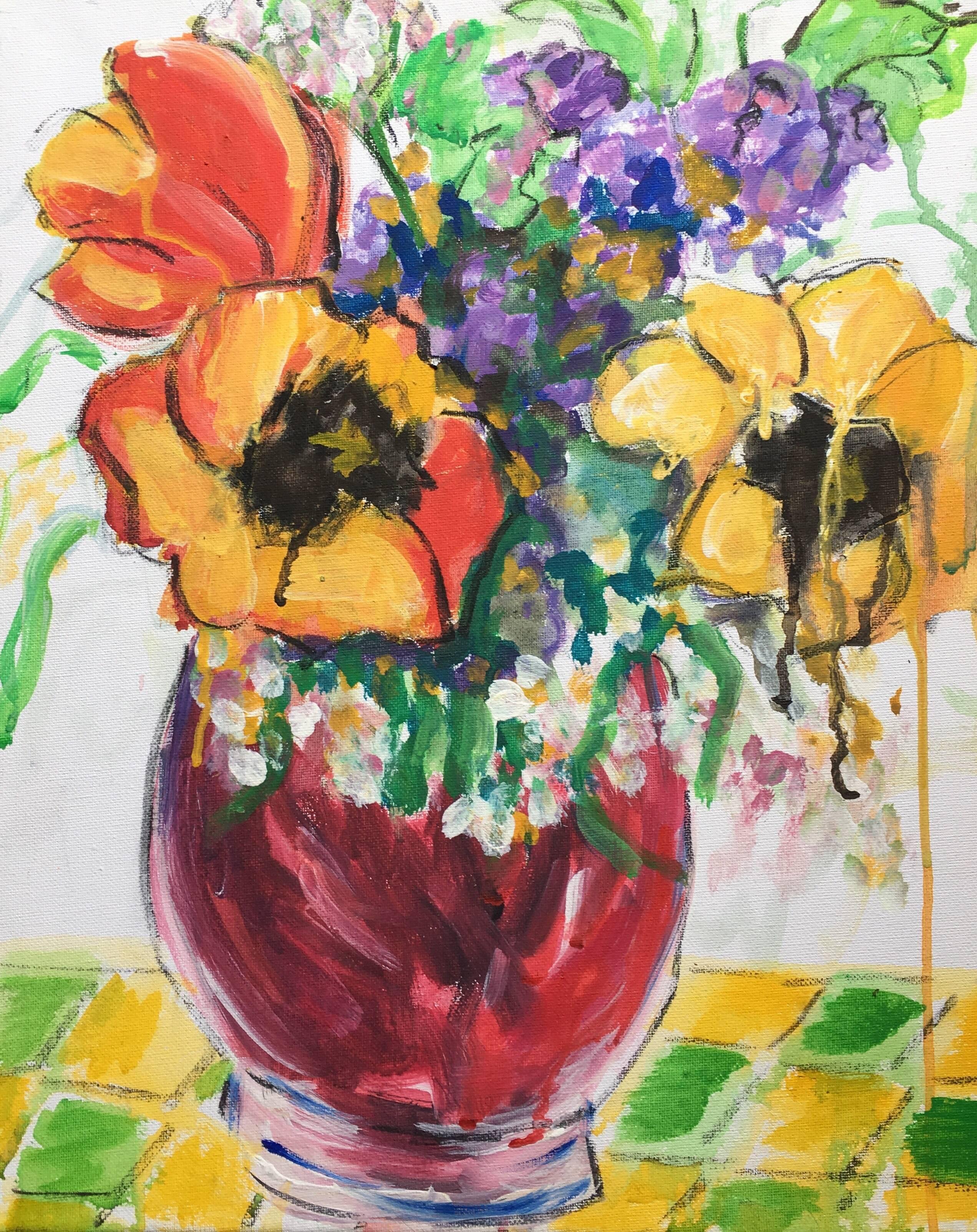 Pamela Cawley Still-Life Painting – Mehrfarbige Blumen in einer Vase, Impressionist, britischer Künstler