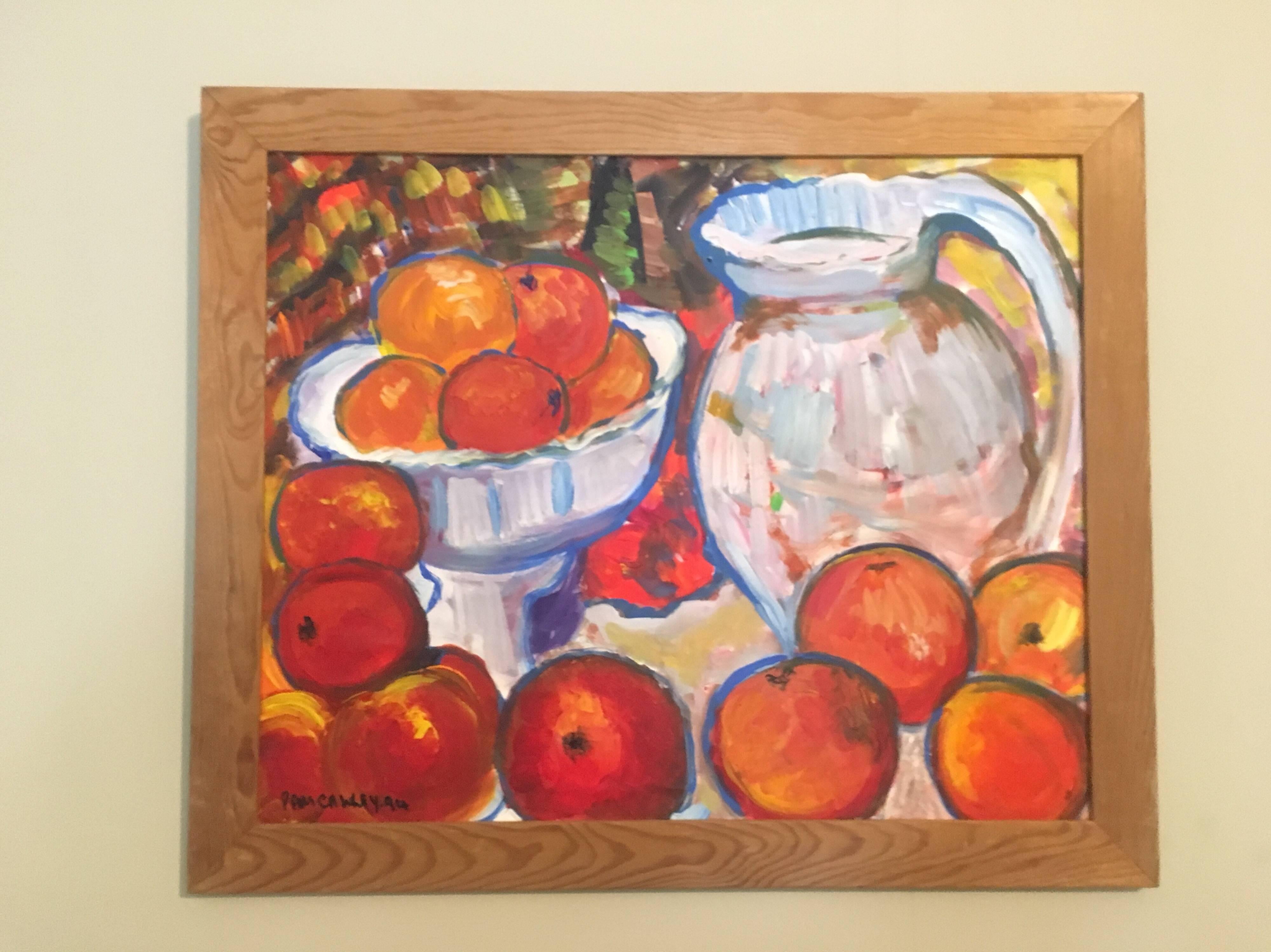 Oranges in a Bowl, Still Life Signed Oil Painting - Brown Still-Life Painting by Pamela Cawley