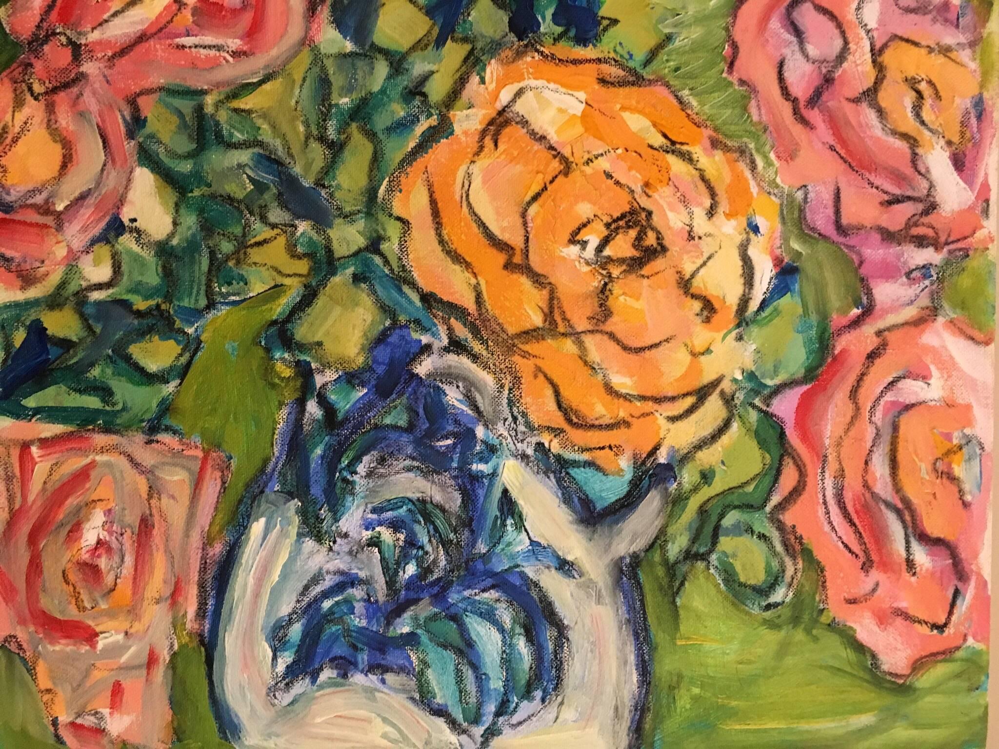 Peonies in a Vase, Impressionist Style, Bright Colours
by Pamela Cawley, British 20th century
oil painting on canvas, unframed
canvas: 15 x 18 inches 

Stunning original Impressionist oil painting by the 20th century British artist, Pamela Cawley.
