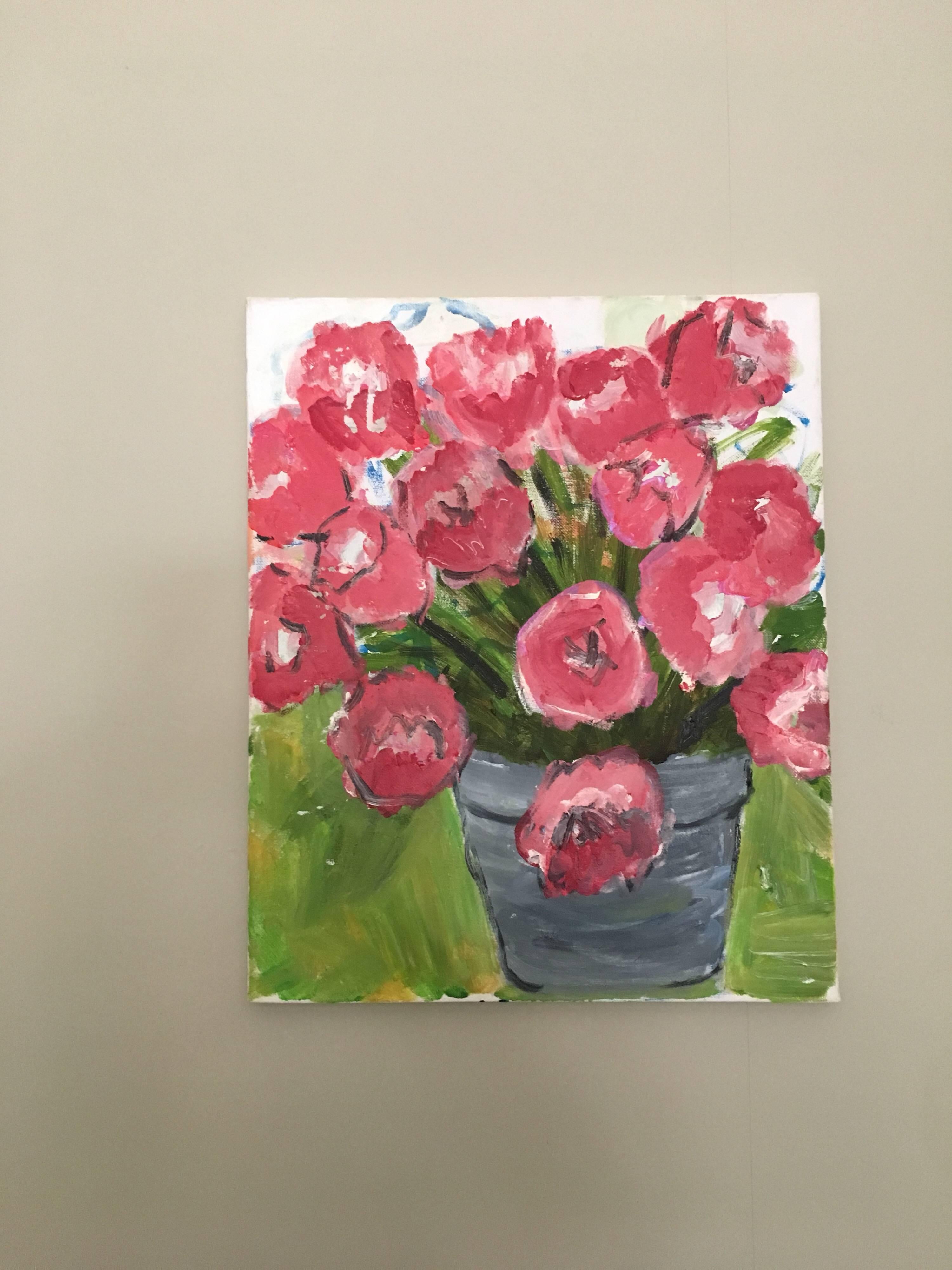 Flores rosas, Pintura al óleo impresionista, Artista británico - Painting de Pamela Cawley
