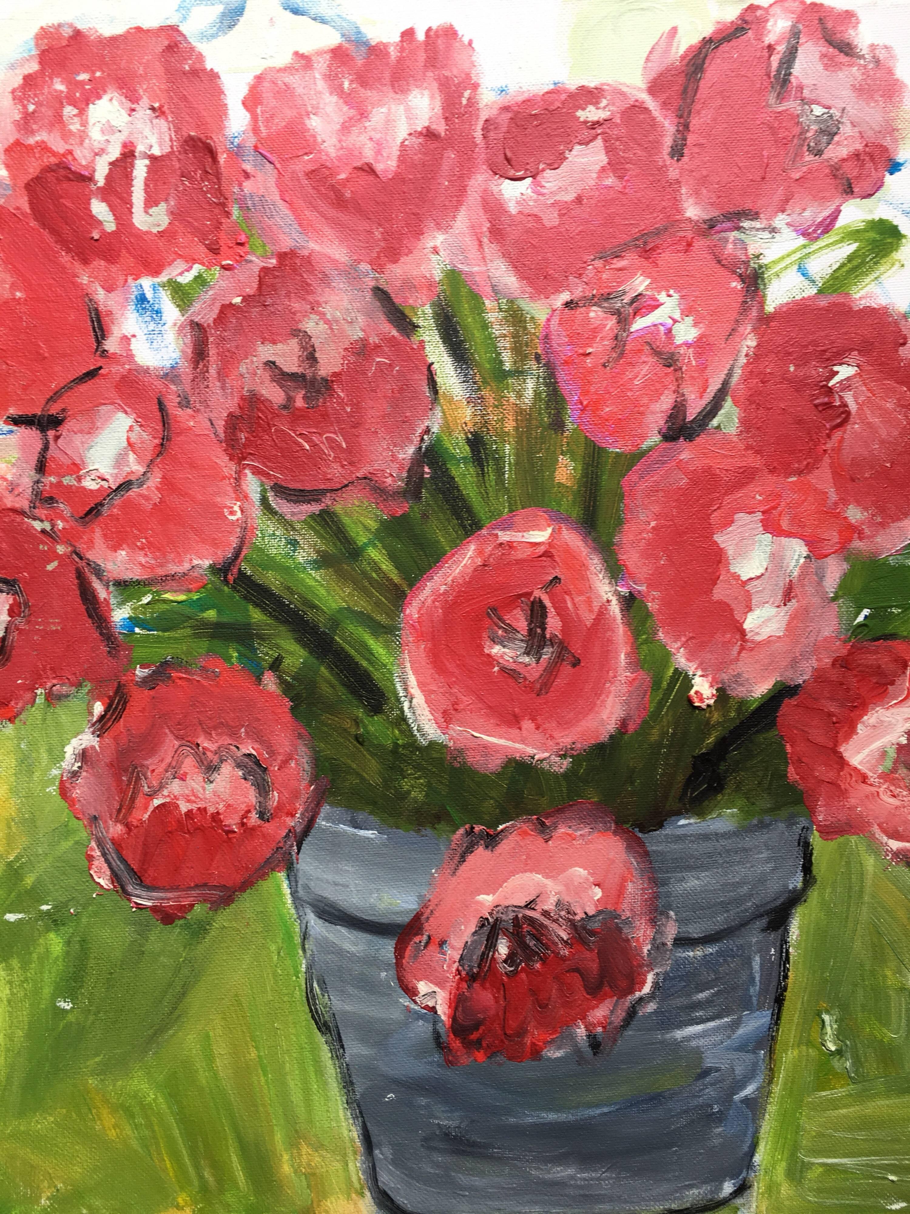 Flores rosas, Pintura al óleo impresionista, Artista británico - Painting Impresionista de Pamela Cawley