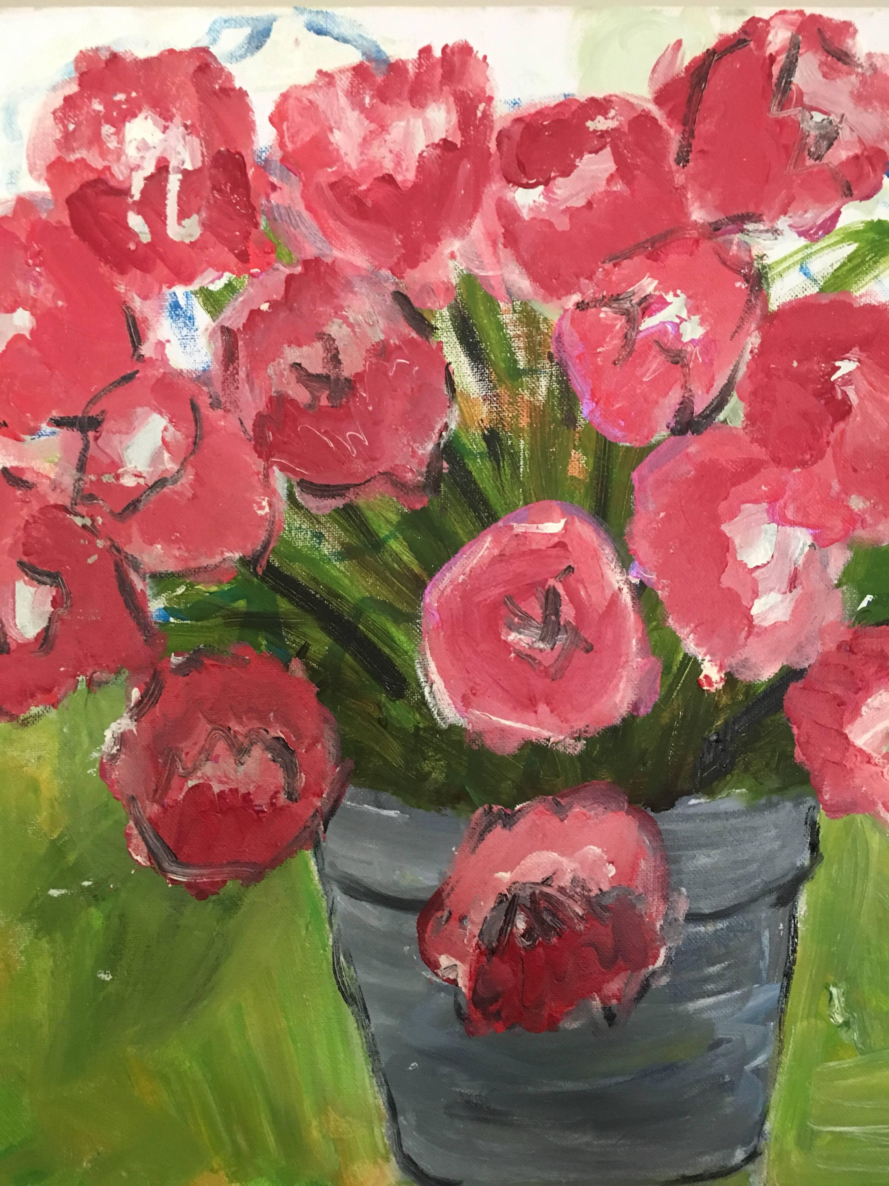 Flores rosas, Pintura al óleo impresionista, Artista británico - Still-Life Painting Rosa de Pamela Cawley