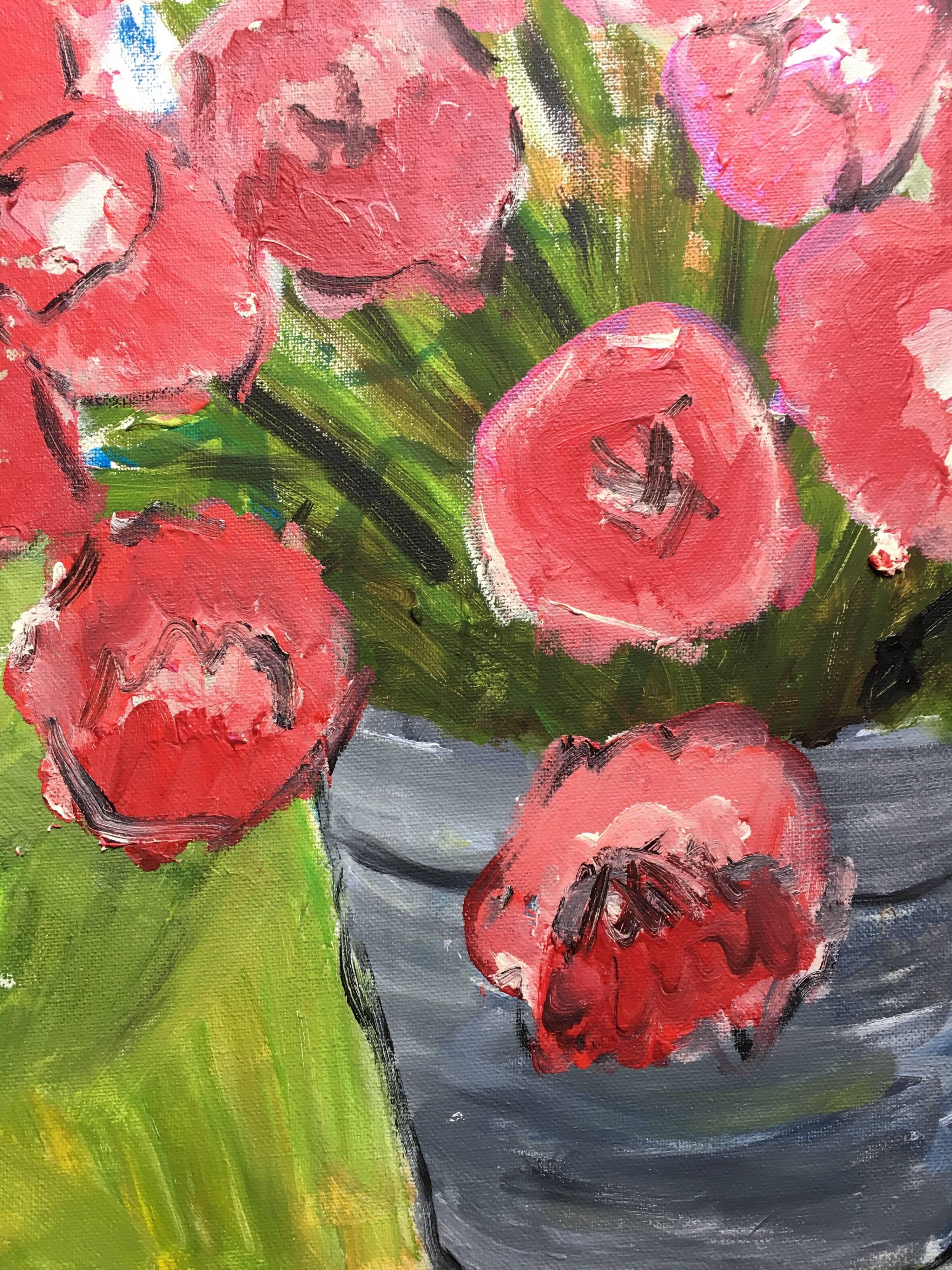 Flores rosas, Pintura al óleo impresionista, Artista británico
de Pamela Cawley, británica del siglo XX
pintura al óleo sobre lienzo, sin enmarcar
lienzo: 18 x 15 pulgadas 

Impresionante óleo impresionista original de la artista británica del siglo