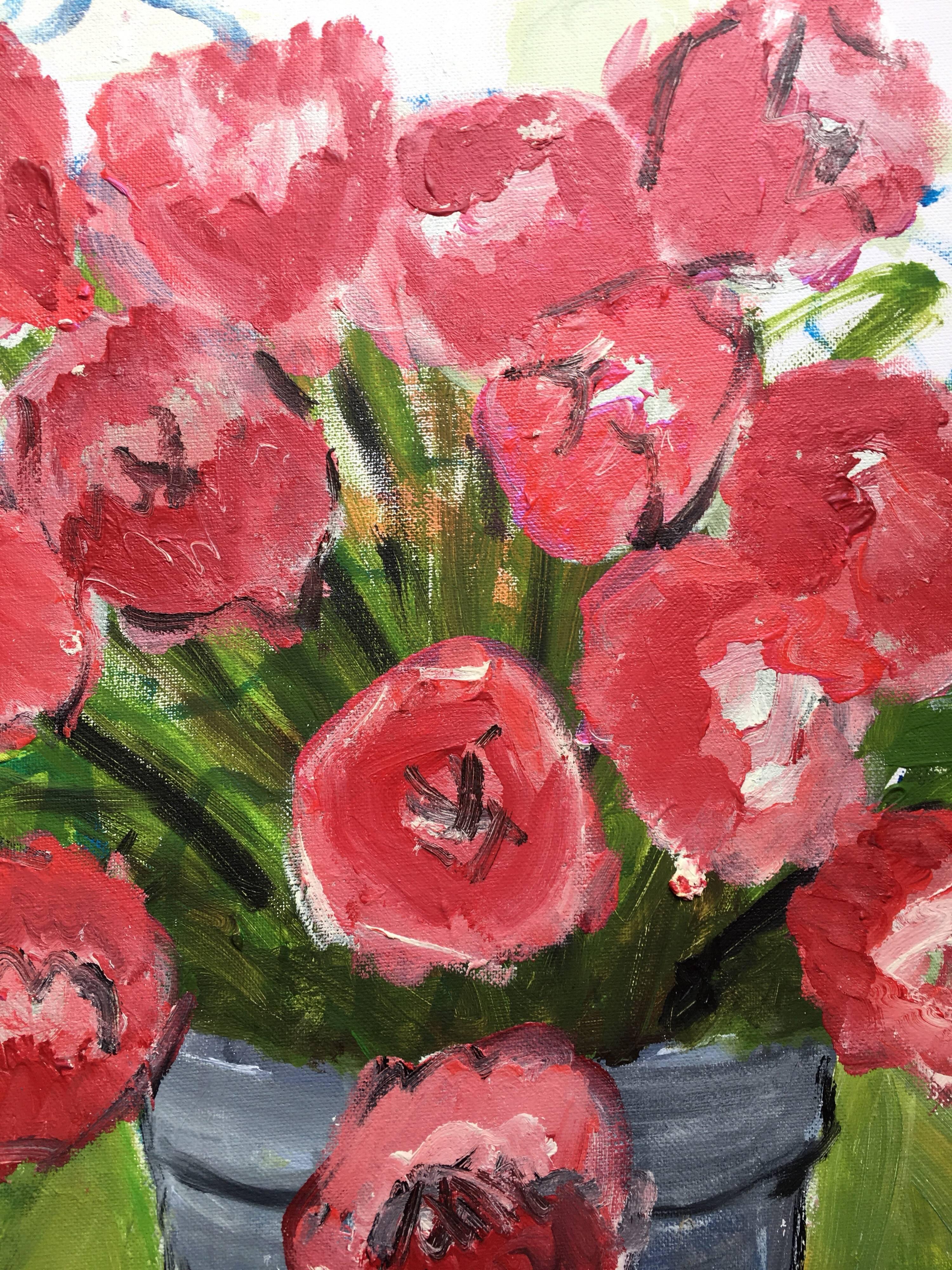 Flores rosas, Pintura al óleo impresionista, Artista británico en venta 1