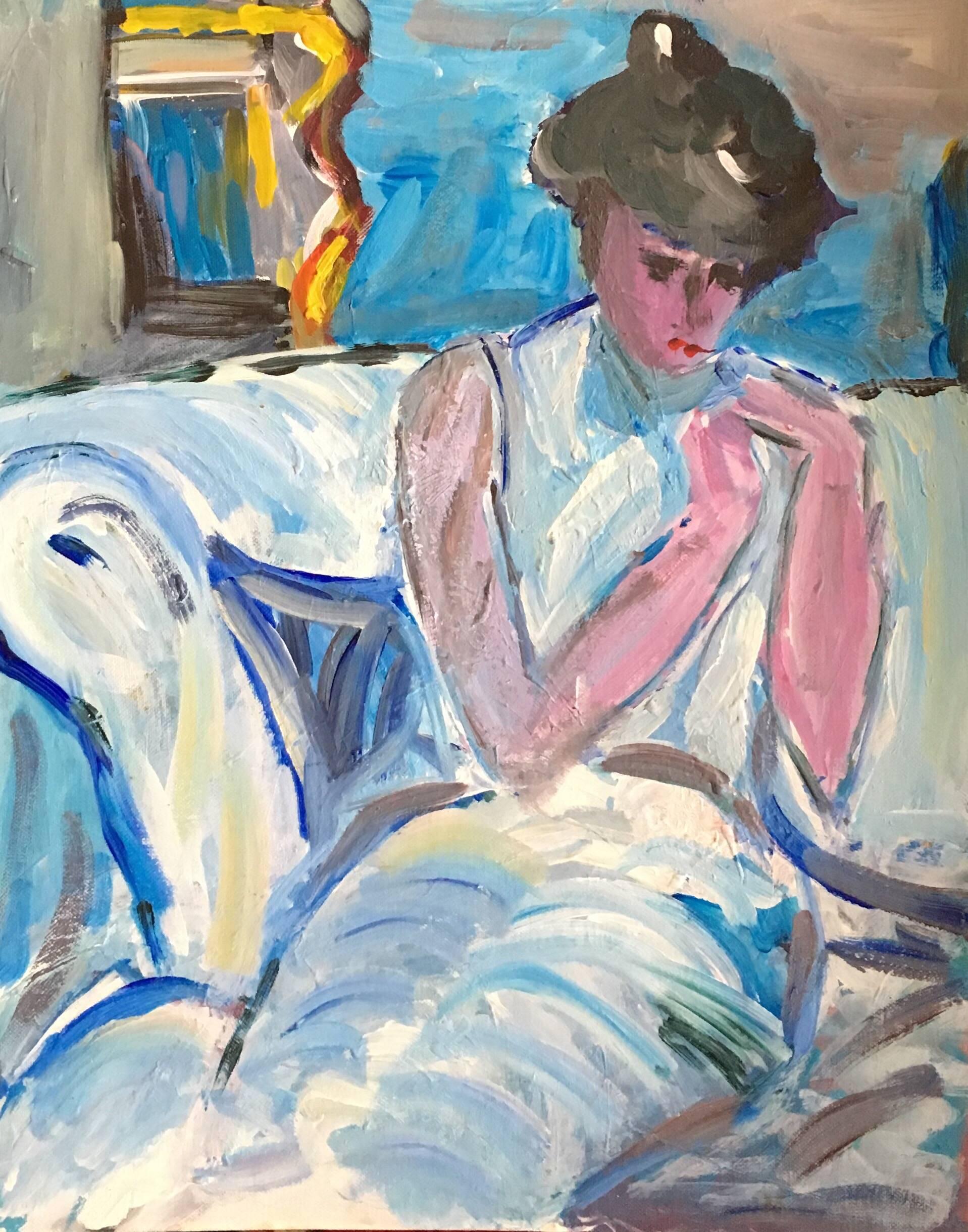 Pamela Cawley Portrait Painting - Portrait of a Model Sat in White, British Artist