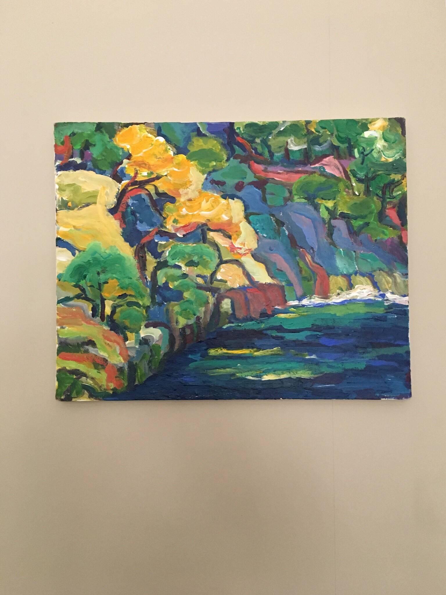 Impressionist Landscape, Blue Palette, Oil Painting
by Pamela Cawley, British 20th century
oil painting, unframed
board: 20 x 16 inches 

Stunning original Impressionist oil painting by the 20th century British artist, Pamela Cawley. The work has