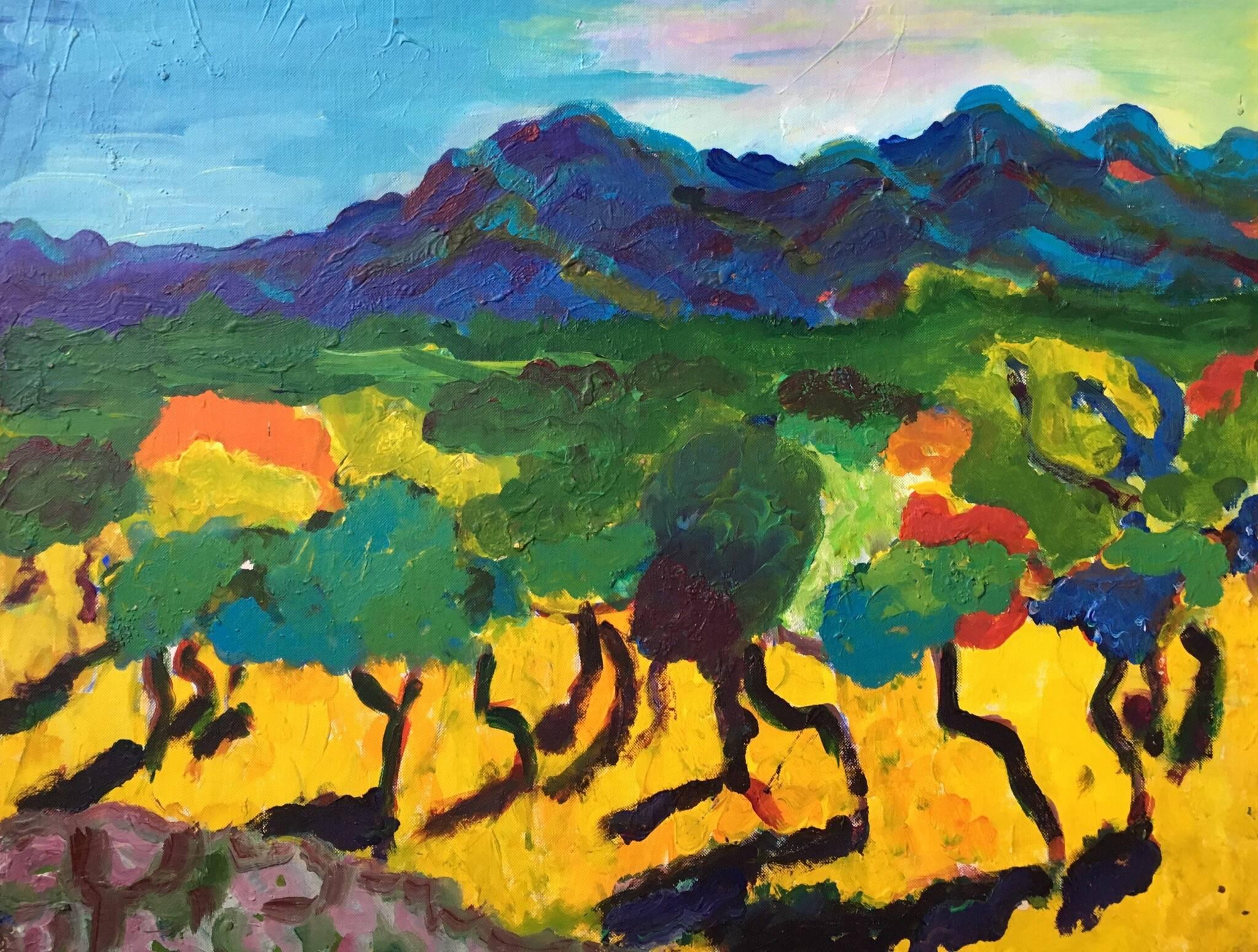 Pamela Cawley Landscape Painting - Provence Impressionist Abstract Landscape, Bright Colours, Oil Painting