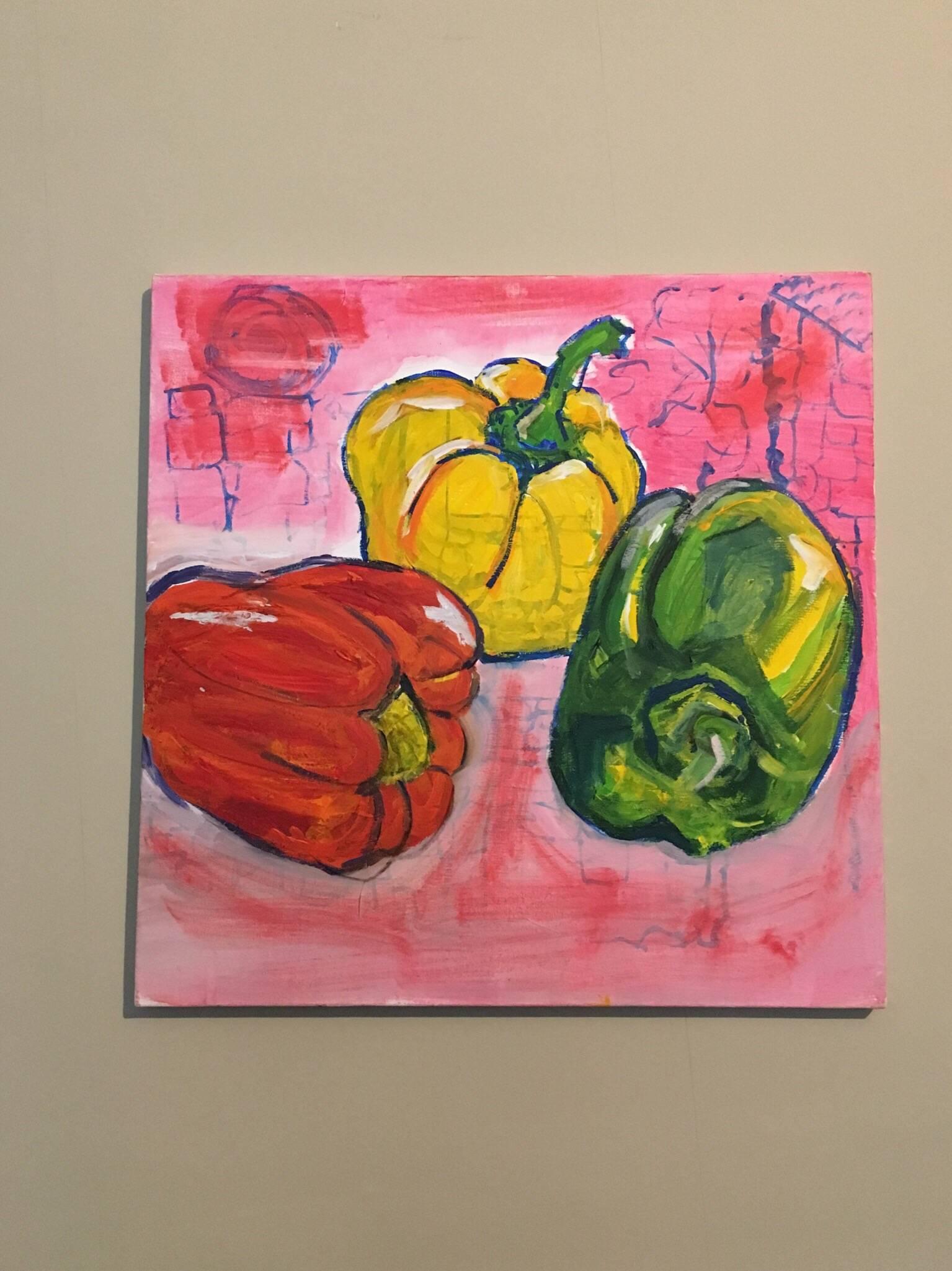 Red, Yellow & Green Peppers, Still Life, British Artist - Painting by Pamela Cawley