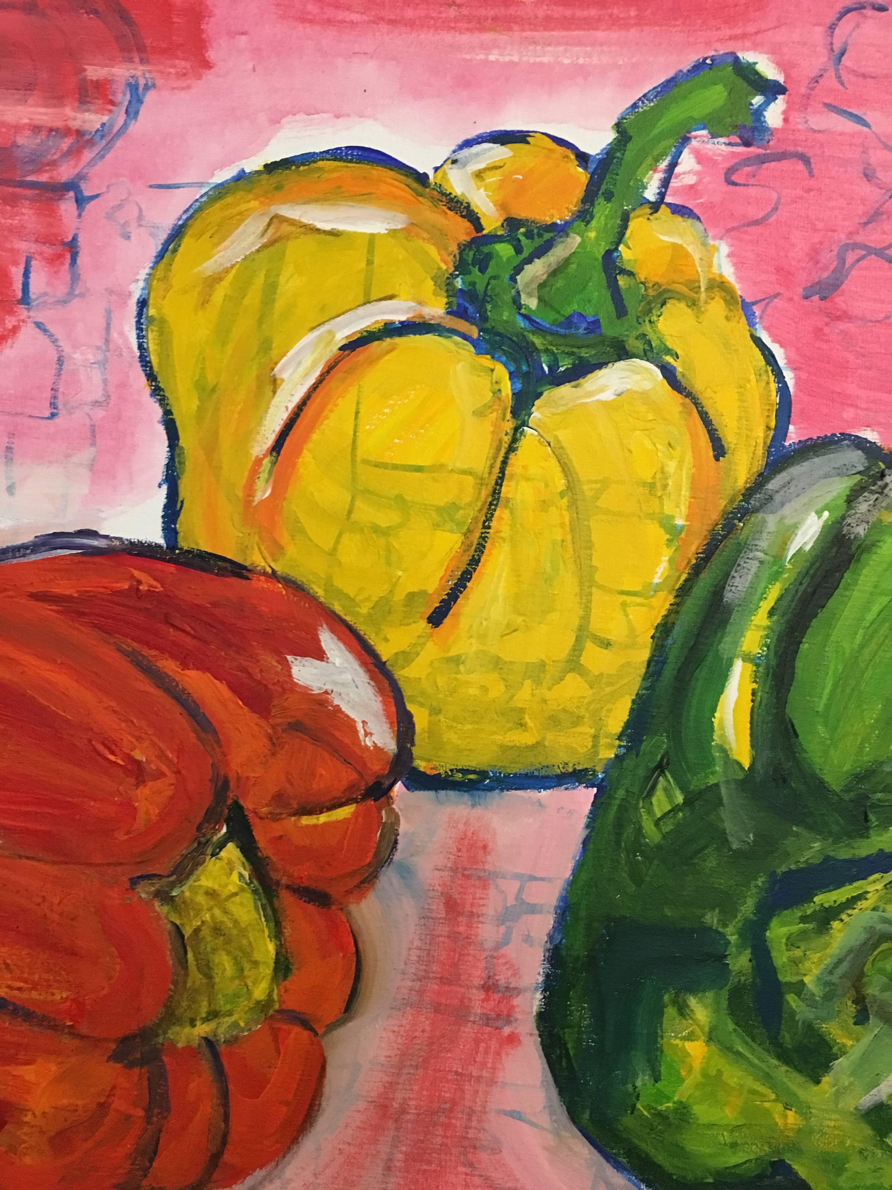 Red, Yellow & Green Peppers, Still Life, British Artist - Brown Interior Painting by Pamela Cawley