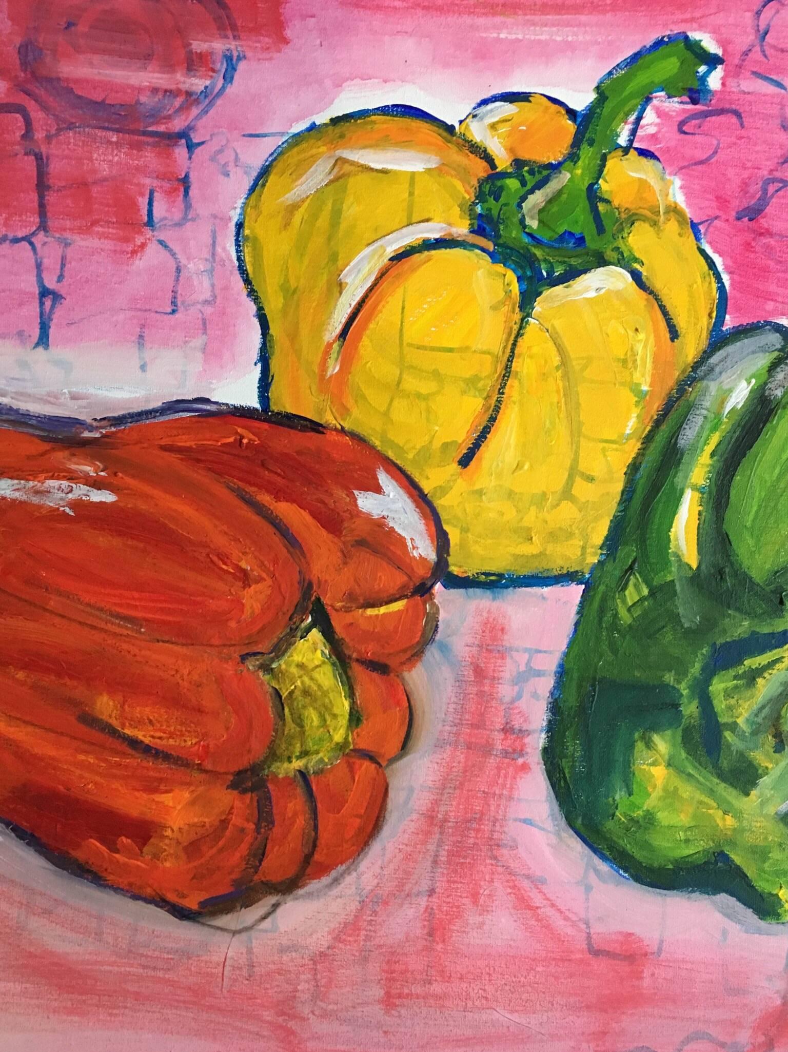Homegrown Peppers, Still Life, British Artist
by Pamela Cawley, British 20th century
oil painting on canvas, unframed

canvas: 27.5 x 27.5 inches 

Stunning original Impressionist oil painting by the 20th century British artist, Pamela Cawley. The